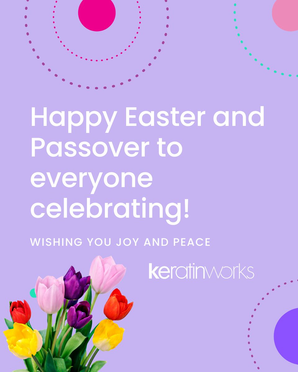 KeratinWorks's tweet photo. Wishing everyone a joyful Passover &amp; a beautiful Easter! 🌸🐣 May your days be filled with love, light &amp; great hair ✨💆♀️ From all of us at Keratinworks—Happy Holidays! 💐  

#HappyPassover #HappyEaster #CleanHairCare #HairGoals https://t.co/s1YT8SZF4t