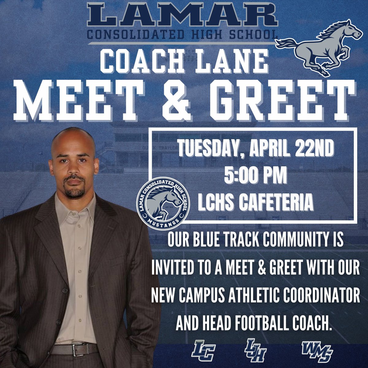 Big energy. New leadership. Same Mustang pride! Come meet our new Head Coach and get ready for an exciting new chapter! #bluestampede