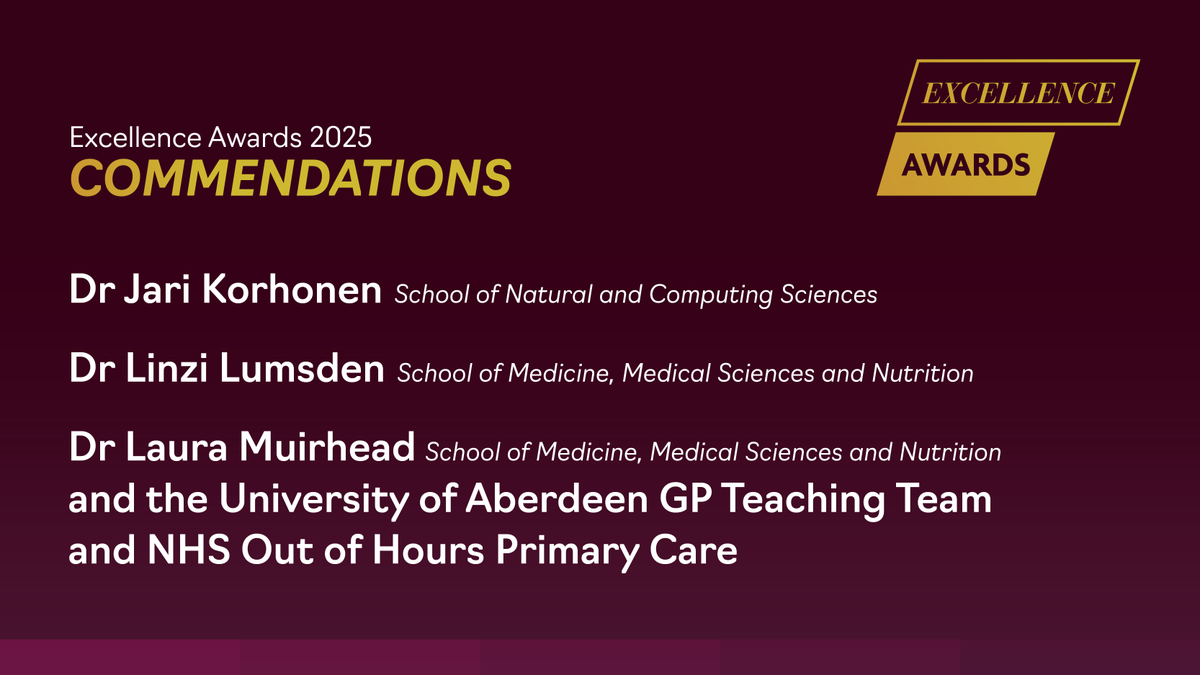 Our congratulations also go to Dr Jari Korhonen, Dr Linzi Lumsden and Dr Laura Muirhead &amp; the UoA GP Teaching Team &amp; NHS Out of Hours Primary Care for their <a href="/aberdeenuni/">University of Aberdeen</a> 2025 Principal's Teaching Excellence Award commendations. Well done to all!