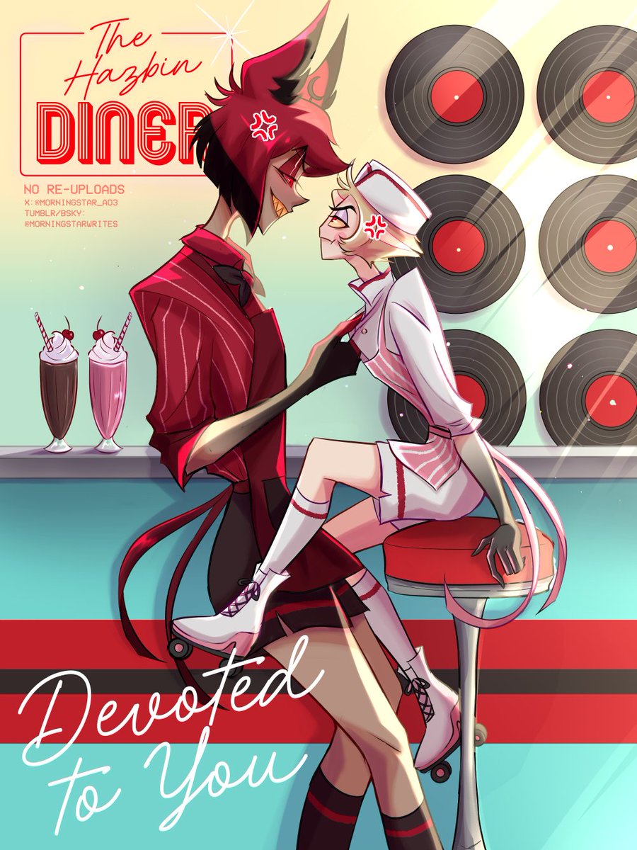 1950's diner AU! ft. them as coworkers who can't stand each other 😌

lots of rollerblading, rock 'n' roll, drive-in theatres, milkshakes, etc! i named it after my fave song from the musical Grease 🎸

#radioapple #HazbinHotelFanart
