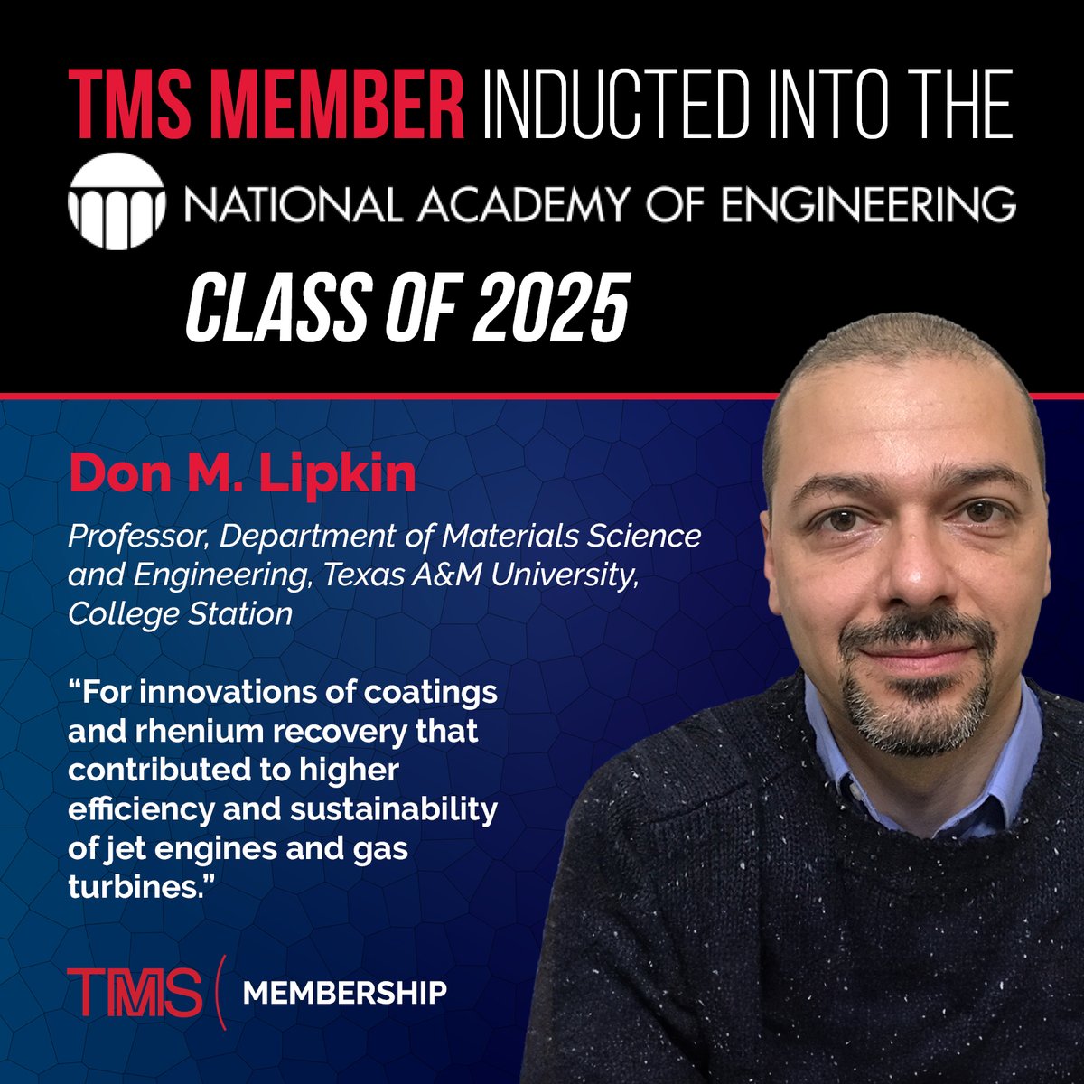 TMS (@tmssociety) on Twitter photo 🌟Congratulations to Dr. Don M. Lipkin!
TMS member and <a href="/TAMU/">Texas A&M University</a> professor Dr. Lipkin has been named to the NAE Class of 2025!
His engineering impact continues to drive meaningful progress in the field. 🌟Congratulations to Dr. Don M. Lipkin!
TMS member and <a href="/TAMU/">Texas A&M University</a> professor Dr. Lipkin has been named to the NAE Class of 2025!
His engineering impact continues to drive meaningful progress in the field.