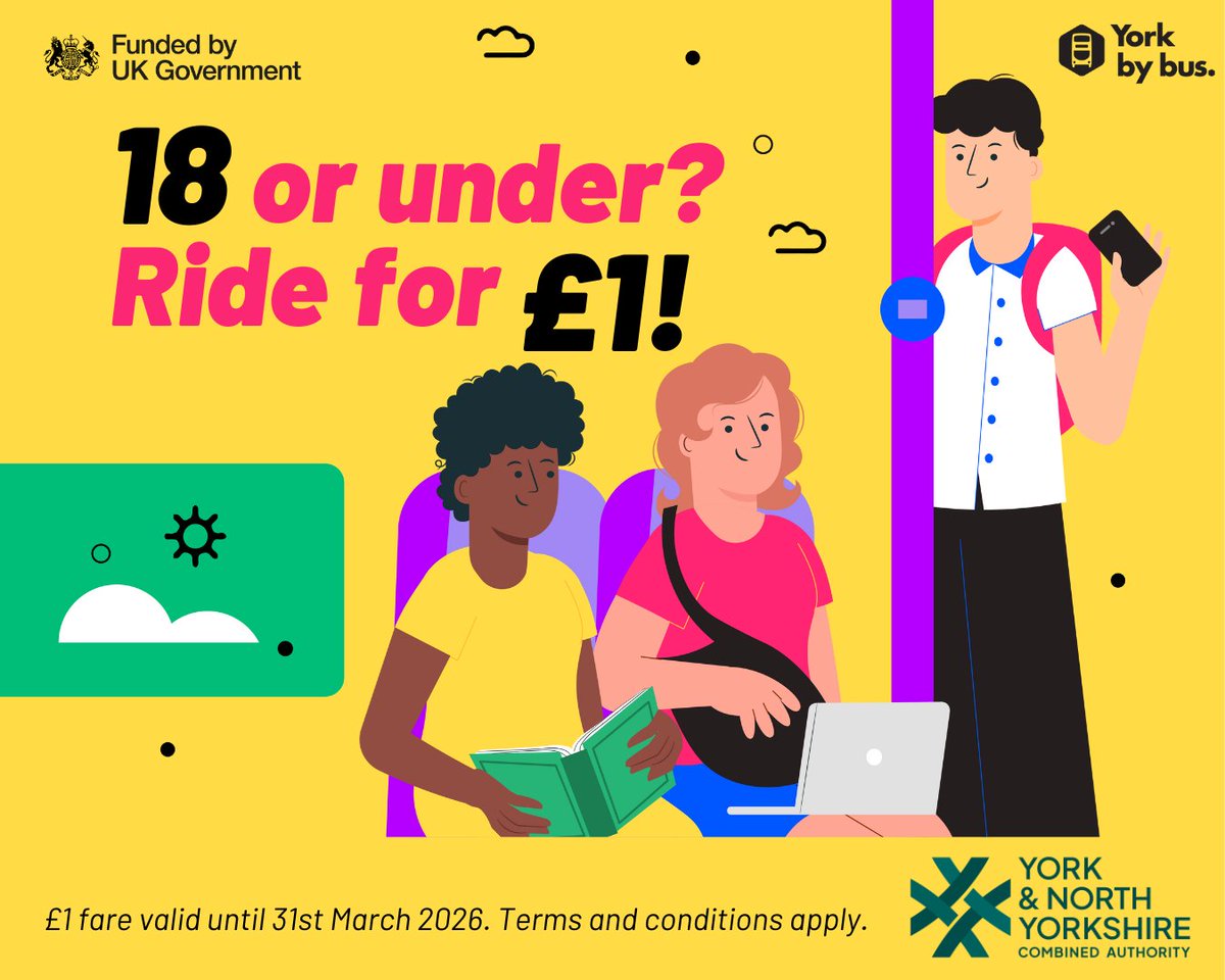 City of York Council (@cityofyork) on Twitter photo 🚍Single fares for passengers aged 18 or under are still just £1 until March 2026, across the whole of York and North Yorkshire, thanks to continuing funding via <a href="/YNYCombined/">York and North Yorkshire Combined Authority</a>.
Visit 👉itravelyork.info/youth-fares 🚍Single fares for passengers aged 18 or under are still just £1 until March 2026, across the whole of York and North Yorkshire, thanks to continuing funding via <a href="/YNYCombined/">York and North Yorkshire Combined Authority</a>.
Visit 👉itravelyork.info/youth-fares