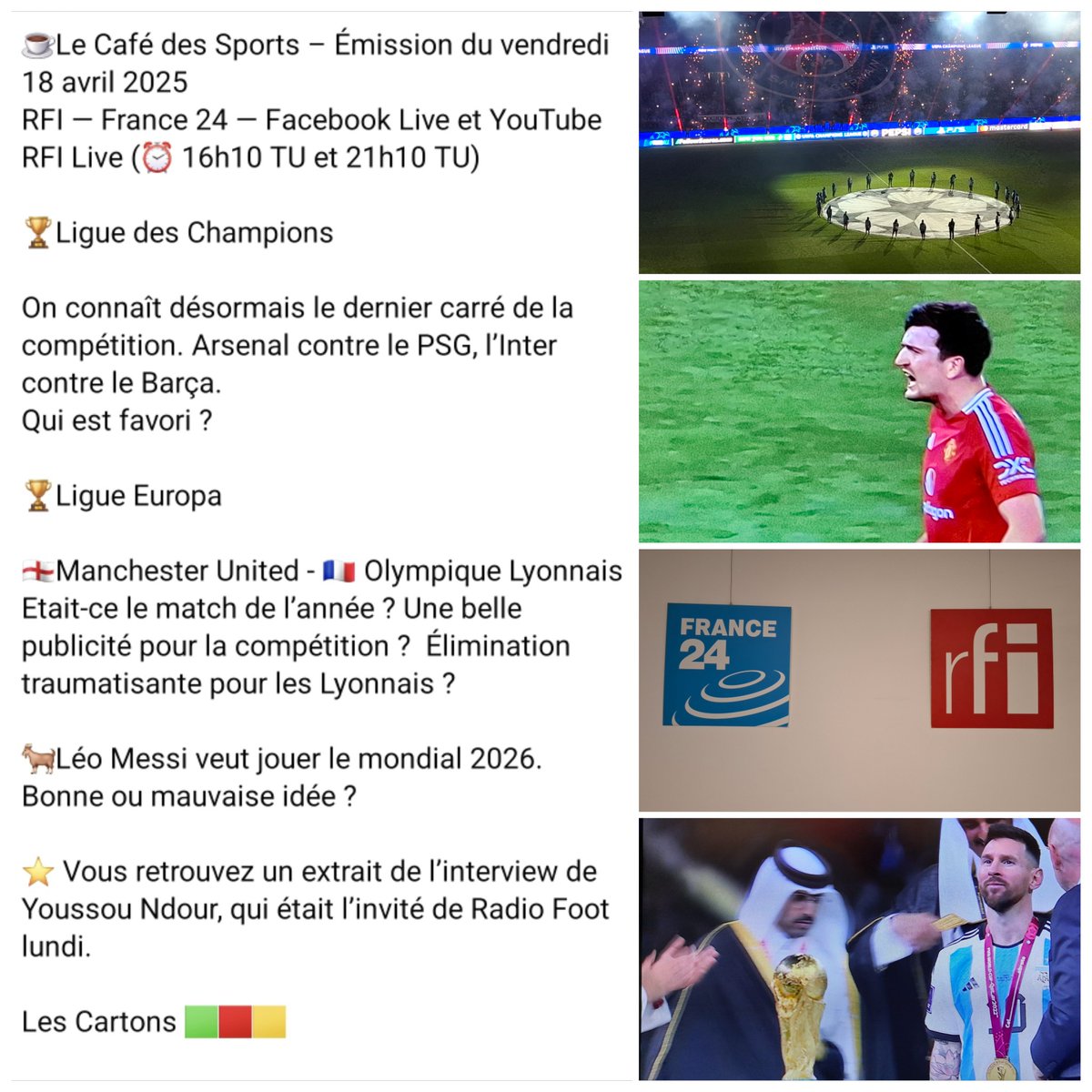 XavBarretFoot's tweet photo. On se retrouve dès 18h10 (16h10UTC) pour le Café des sports ☕️ de @RFIRadioFoot sur @RFI et en Facebook Live; à 23h10 sur @France24_fr #France24 TV ⚽️ #PSG #Arsenal #Barça #Inter #Nerazzurri #RealMadrid #UCL #Mbappé #ManUnited #Lyon #MUNOL #Gones #UEL #Messi #CoupeduMonde #WC2026 https://t.co/0OJkWI5McG
