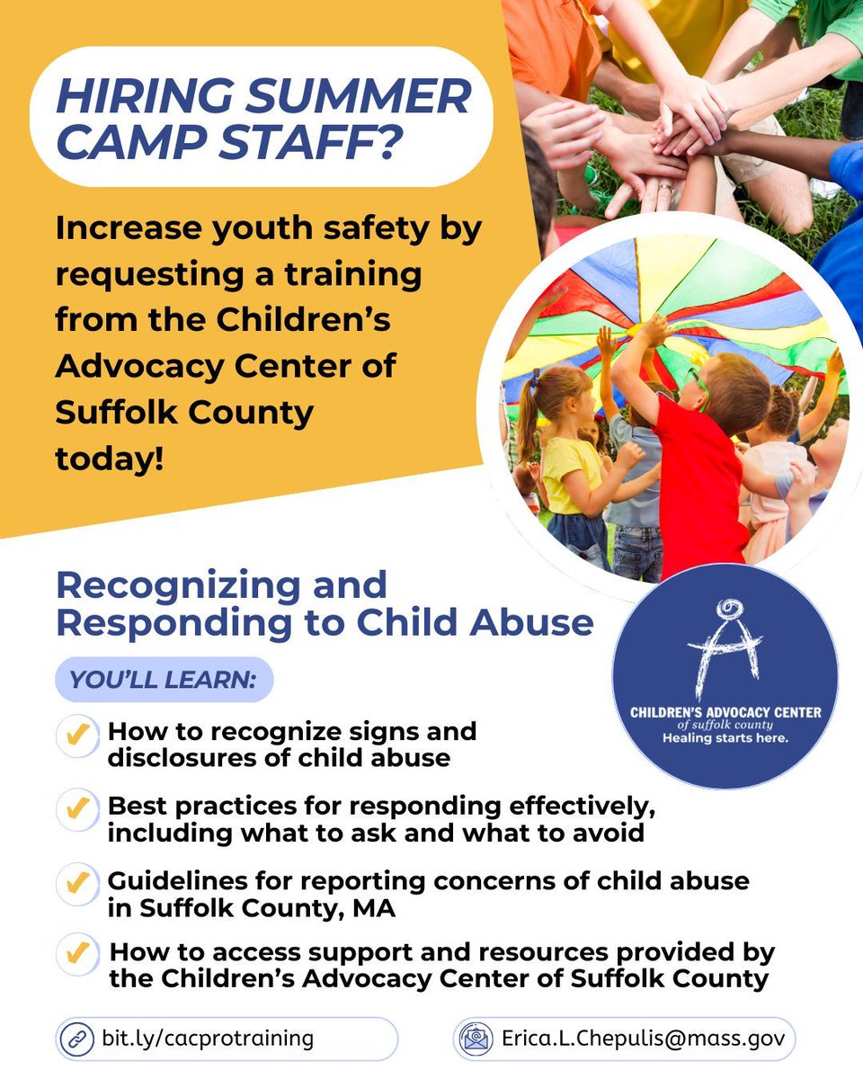 Children's Advocacy Center of Suffolk County (@suffolkcac) on Twitter photo Are you planning a summer program? Now is the perfect time to schedule a "Recognizing & Responding to Child Abuse" training for your team! Email Training Program Manager, Erica Chepulis, at Erica.L.Chepulis@mass.gov or head to buff.ly/EweGN7K to learn more!
#SummerCamp Are you planning a summer program? Now is the perfect time to schedule a "Recognizing & Responding to Child Abuse" training for your team! Email Training Program Manager, Erica Chepulis, at Erica.L.Chepulis@mass.gov or head to buff.ly/EweGN7K to learn more!
#SummerCamp