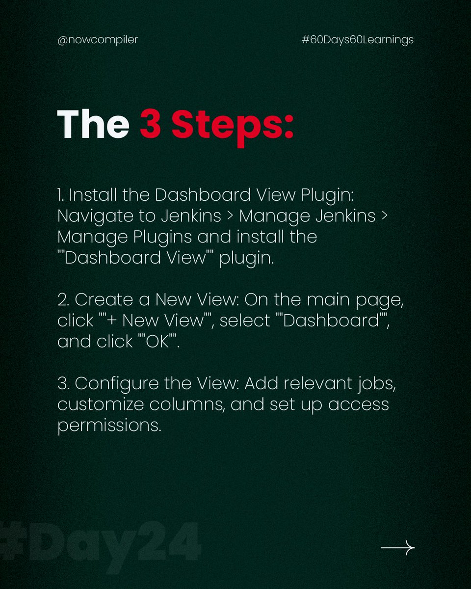 NowCompiler's tweet image. Unlock the power of Jenkins View Manager in just 3 easy steps: Define, Organize, Optimize! 🚀 Start now for smoother job management. #DevOpsSimplified #JenkinsEfficiency #CTA #NowCompiler