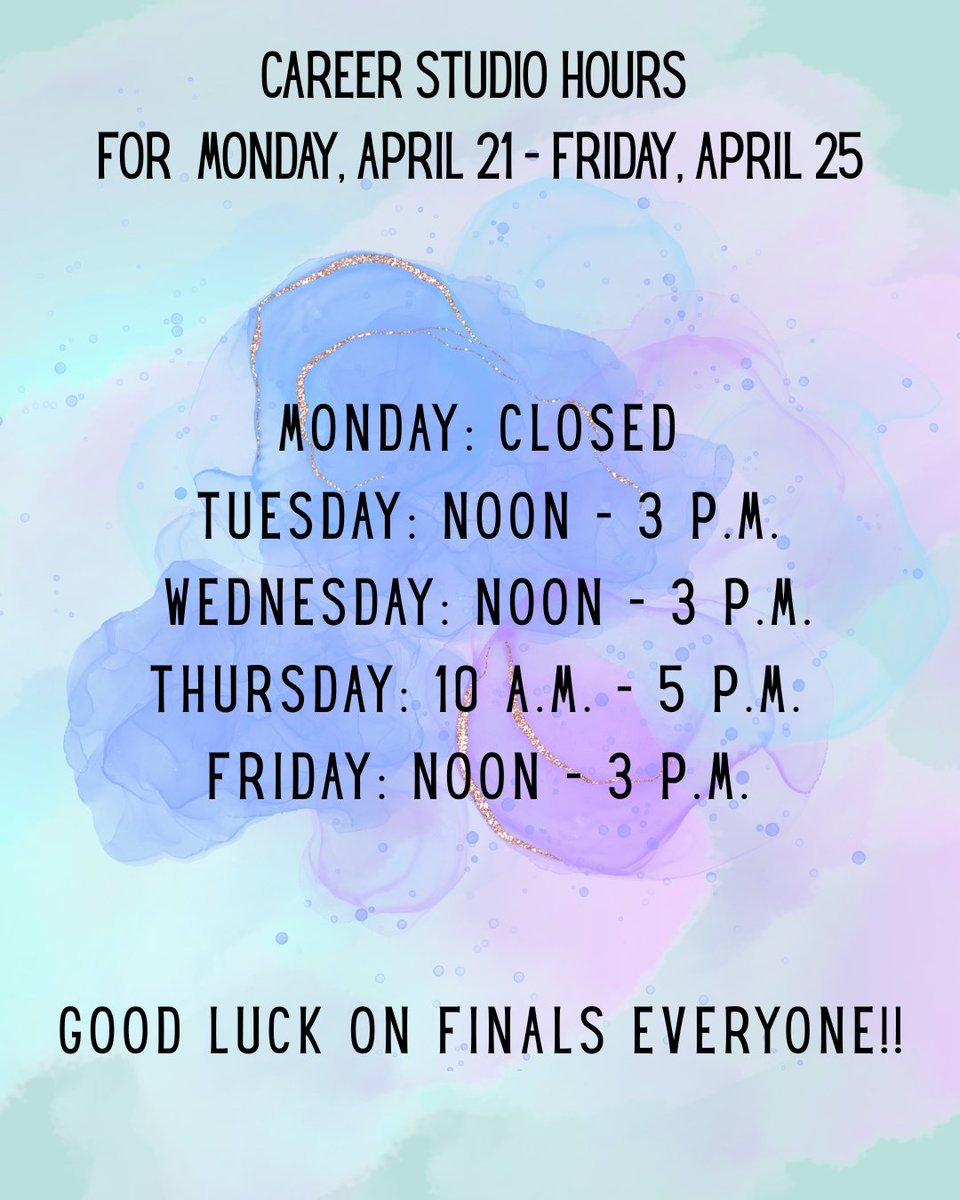 Attention Golden Grizzlies!🐻 The Career Studio has updated its hours for Finals Week:
✨Monday: Closed
✨Tuesday: Noon - 3 p.m.
✨Wednesday: Noon. - 3 p.m.
✨Thursday: 10 a.m. - 5 p.m.
✨Friday: Noon - 3 p.m.
Good luck on your final exams and projects—🌟we believe in you🌟!