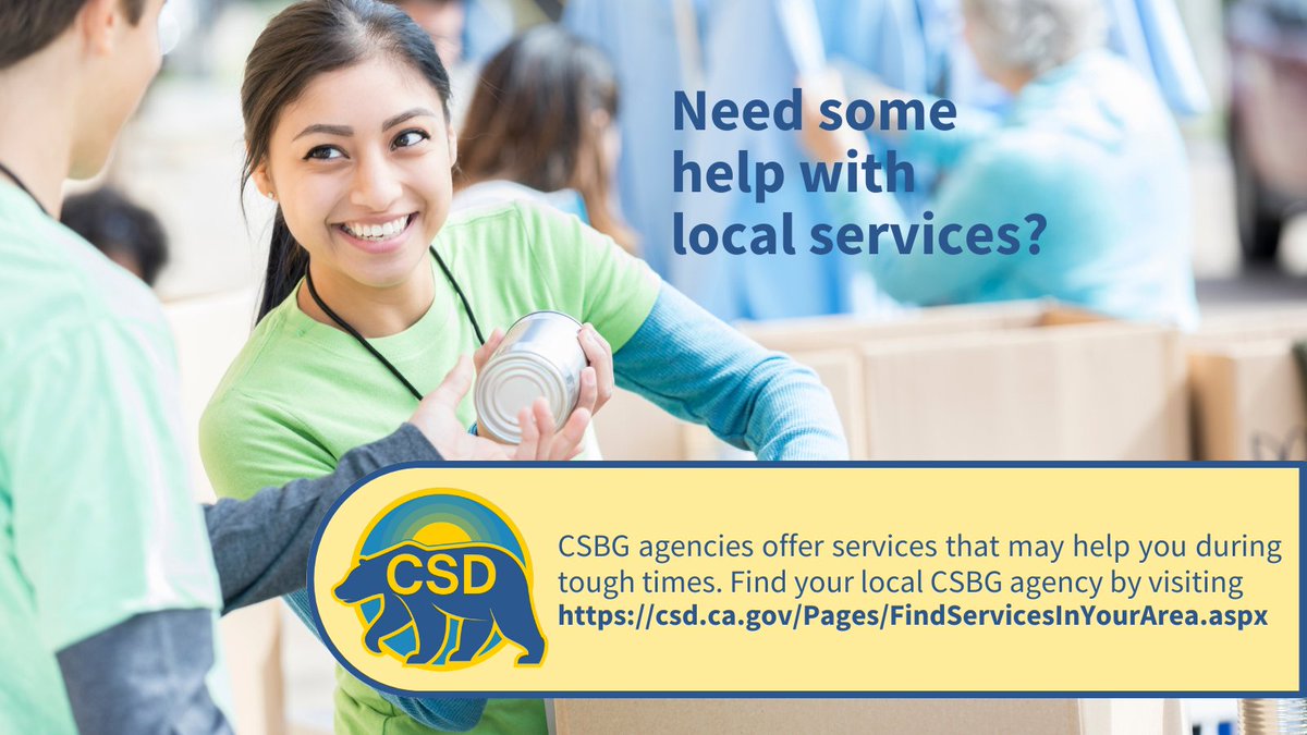 ca_csd's tweet photo. CSBG agencies are hard at work helping their local communities.
To learn more about services in your county & to connect with your local agency, visit https://t.co/5fJ4N0OLh8 #CSBG https://t.co/HRSI05JEyY