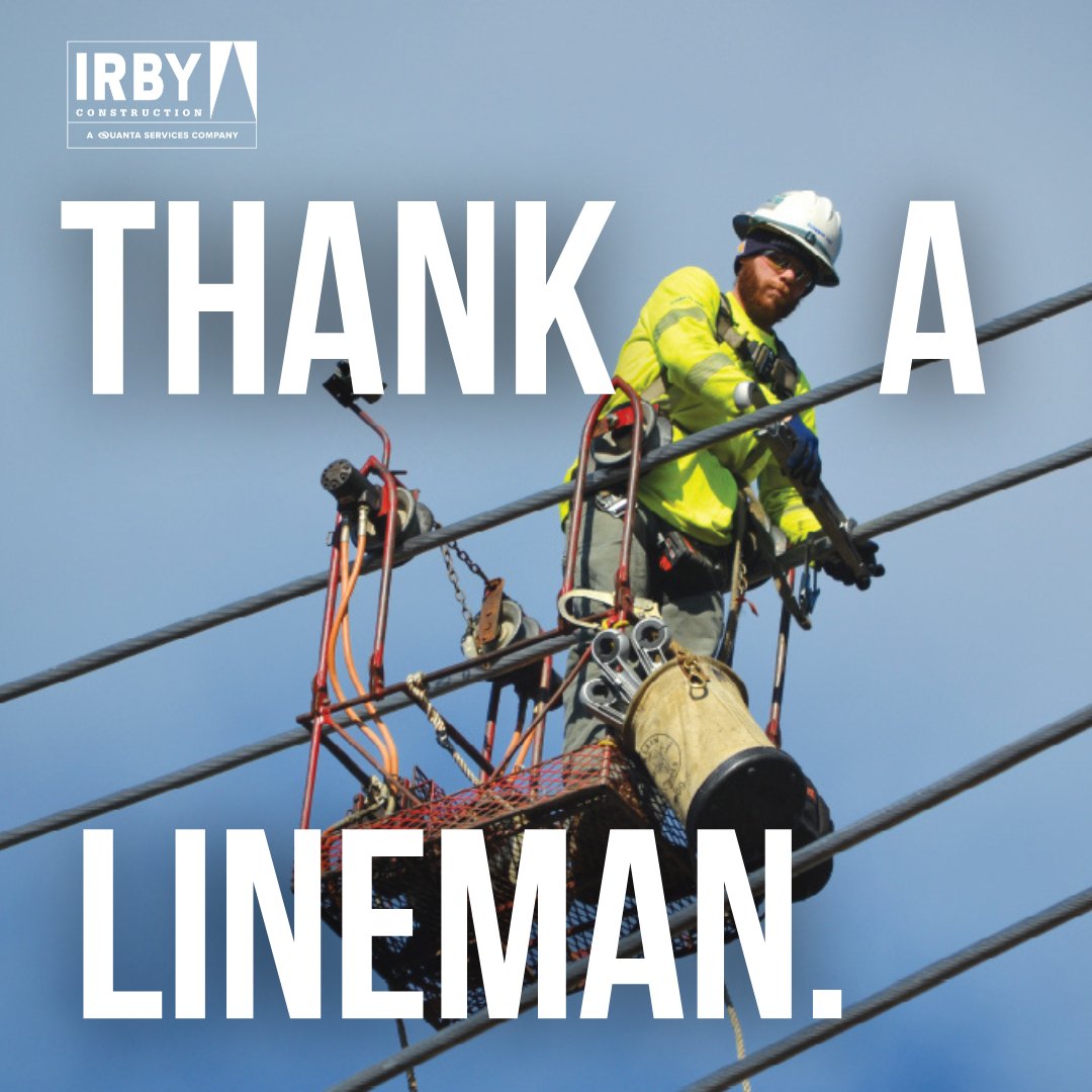 Irby Construction (@irbyconst) on Twitter photo Harsh weather, rugged terrain—even helicopter rides. It’s all in a day’s work for a lineman.
Take a moment to show your appreciation—leave a message on our “Thank a Lineman” board below:
irbyconstruction.com/thank-a-lineman
<a href="/Quanta_Services/">Quanta Services</a> Harsh weather, rugged terrain—even helicopter rides. It’s all in a day’s work for a lineman.
Take a moment to show your appreciation—leave a message on our “Thank a Lineman” board below:
irbyconstruction.com/thank-a-lineman
<a href="/Quanta_Services/">Quanta Services</a>
