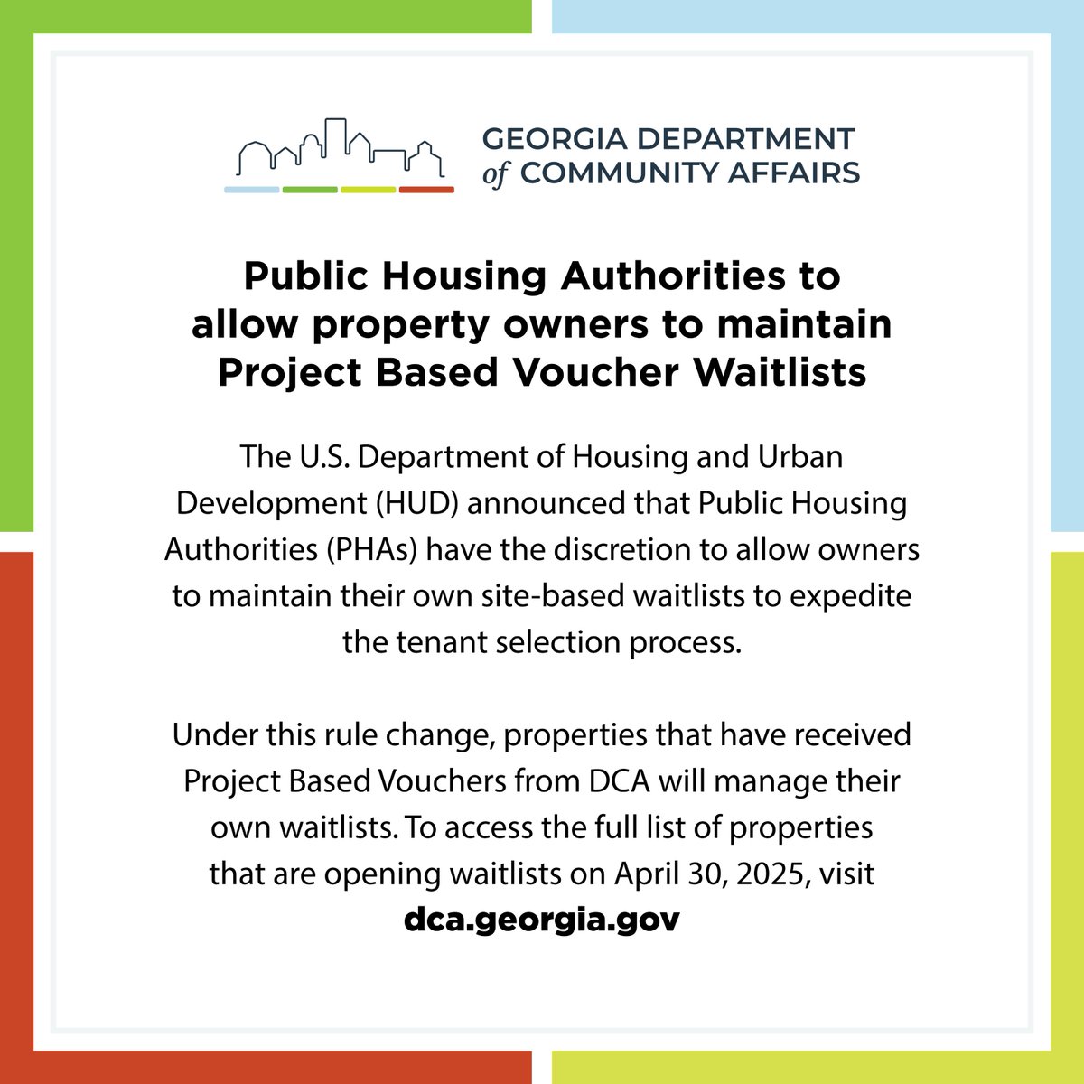 HUD has announced new guidelines to expedite the PBV process. To access the full list of properties opening waitlists on April 30, visit dca.georgia.gov/public-notice/… #FairHousingMonth