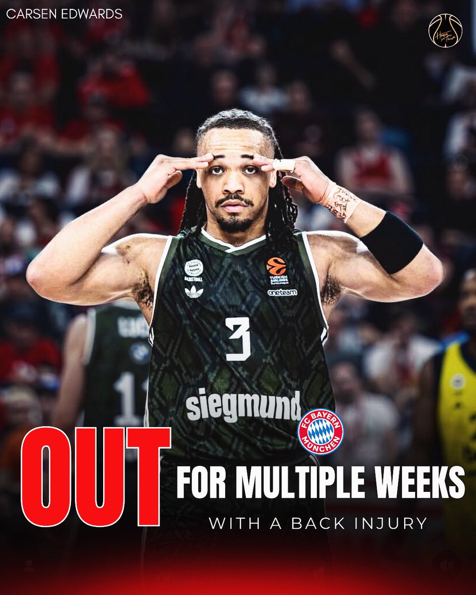 hoopsfthoughtgr's tweet photo. Shocking news for Bayern Munich, as Carsen Edwards is set to miss multiple weeks with a back injury 👀😳
#hoopsforthoughtgr #euroleague #bayernmunich #carsenedwards #paobc #olympiacosbc #realmadrid #finalfour https://t.co/ormZsTZ06Y