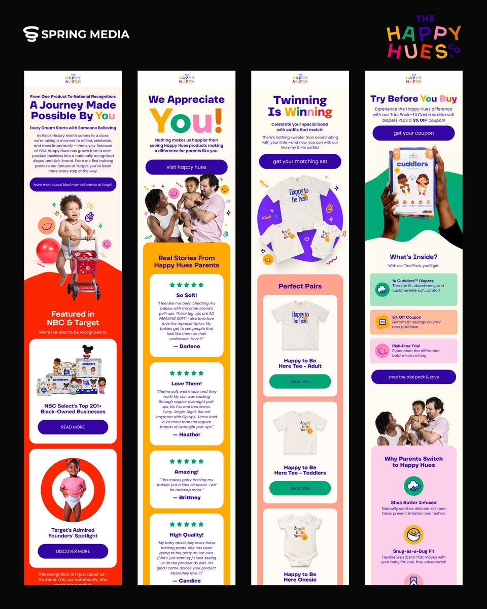 chief_arik's tweet photo. Here’s a peek at some of the recent emails we designed for Happy Hues 🌈
#emailmarketing #ecommercemarketing #emaildesign #klaviyo #happyhues #springmedia https://t.co/KyAmjRu27C