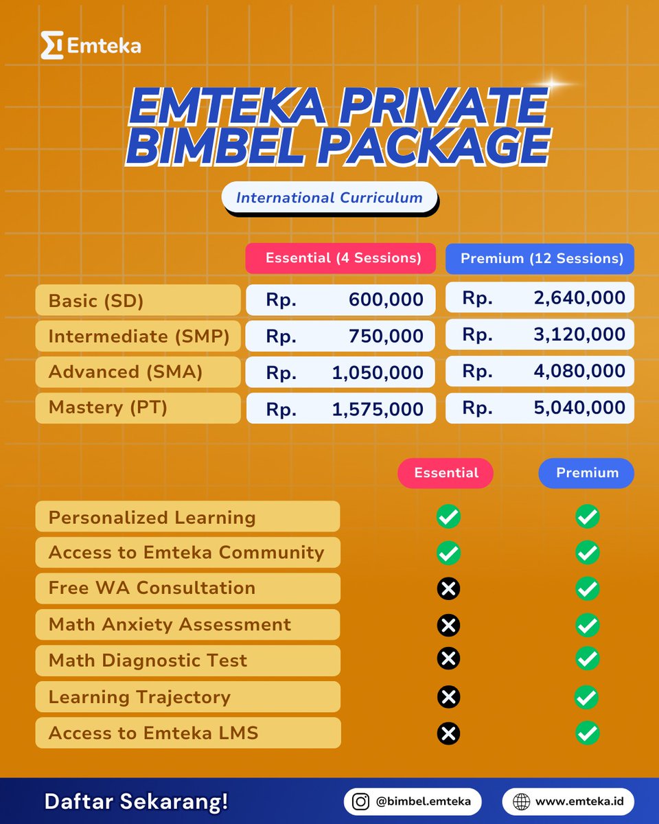Here we go! It's PRICELIST TIME! 🎉

Emteka kini membuka kelas dengan dua pilihan kurikulum lohh! yaitu Kurikulum Nasional &amp; Internasional. Pilih antara Paket Essential atau Paket Premium, sesuaikan dngn kebutuhan Sobat Teka!

Ayo belajar bareng!  Karena di Emteka, #SemuaBisaMTK