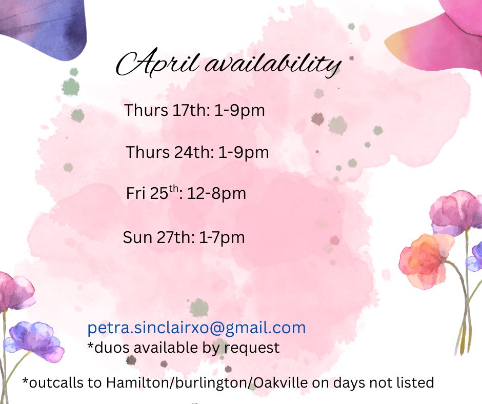 SinclairPetra's tweet photo. Hi babes! 

Here is my UPDATED availability for the rest of April♥️ please note that my time will be limited during the summer, so please plan accordingly.

As always, pre booking is kindly encouraged. 

With love,
P.

Ps. I sprinkled in some time on a Sunday https://t.co/0860hafcUW
