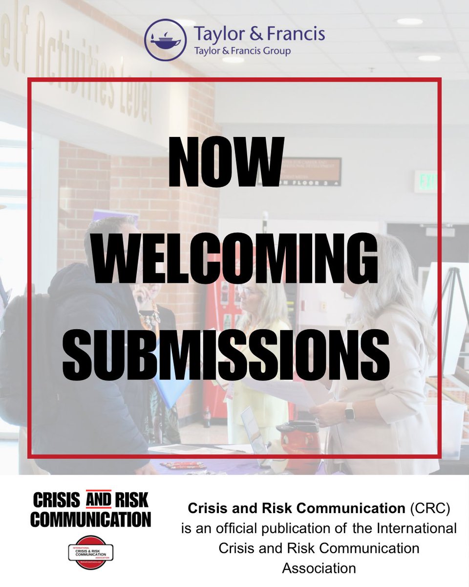 Happy Friday!  
  
We are thrilled to announce that Crisis and Risk Communication (CRC), the official publication of the International Crisis and Risk Communication Association, is now welcoming journal submissions! 
 
Check it out: tandfonline.com/ucrc  

#ICRCA #ICRCC #CRC