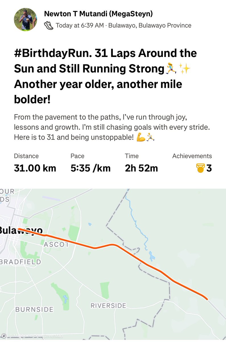 newton_tatenda's tweet photo. #LateUpdate
31km for 31st birthday completed. Regardless of the chilly drizzling weather, my club mates showed up to do this with me and also celebrating Zim Independence in a running style.
Looking forward to what the year holds for me!! https://t.co/ZLAWNA11BQ