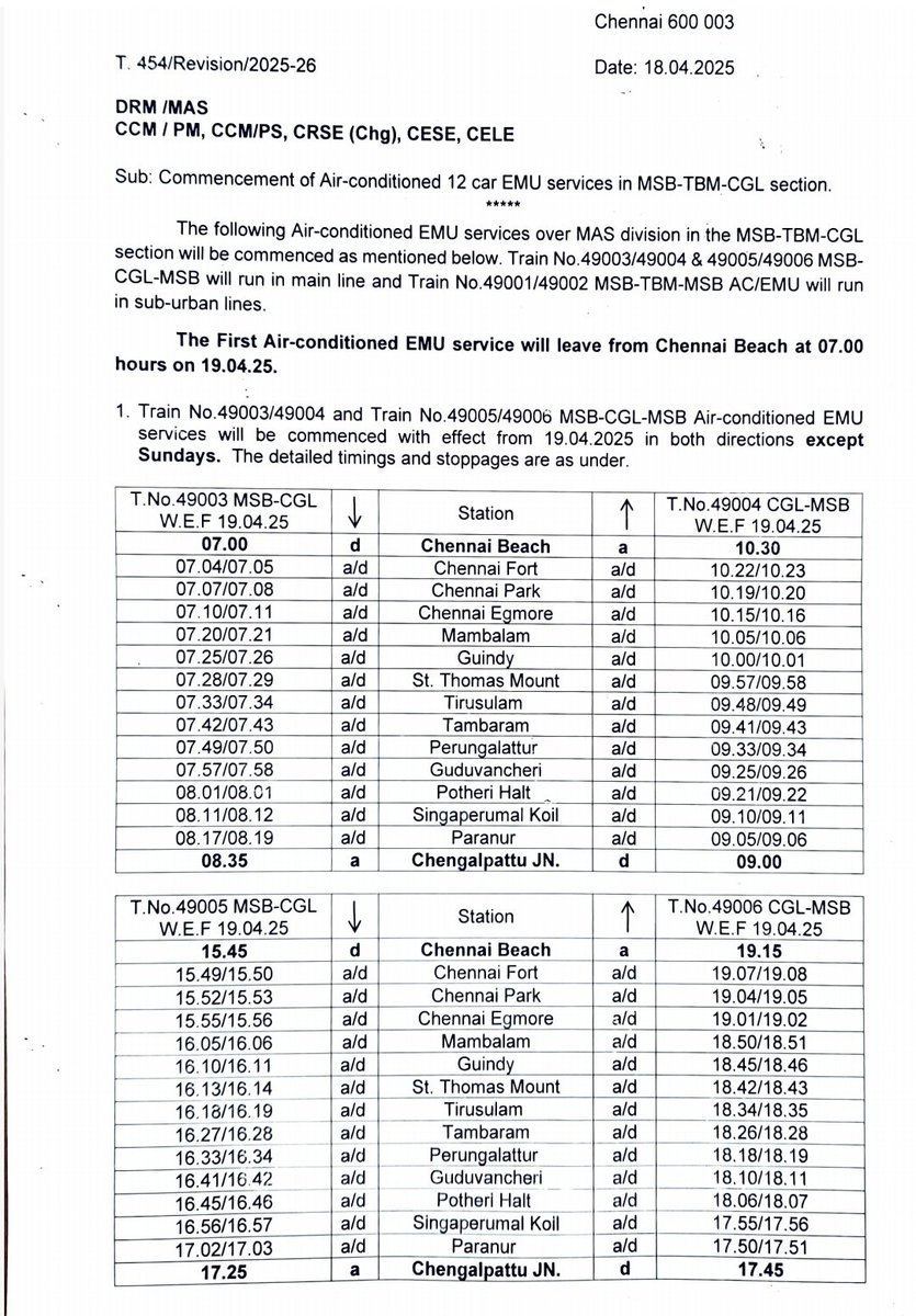 dayatiger197312's tweet photo. Official Notification on #FIRST_AC_EMU in CHENNAI, Tamil Nadu 1st maiden run to commence at 7.00am from
CHENNAI BEACH - TAMBARAM - CHENGALPATTU from @GMSRailway 
Thank you sir
@AshwiniVaishnaw @RailMinIndia @DrmChennai https://t.co/sGfsnGO4Kd