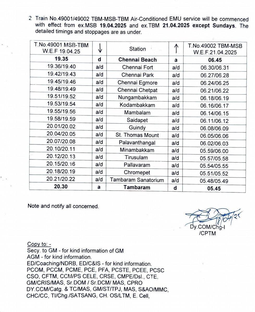 dayatiger197312's tweet photo. Official Notification on #FIRST_AC_EMU in CHENNAI, Tamil Nadu 1st maiden run to commence at 7.00am from
CHENNAI BEACH - TAMBARAM - CHENGALPATTU from @GMSRailway 
Thank you sir
@AshwiniVaishnaw @RailMinIndia @DrmChennai https://t.co/sGfsnGO4Kd