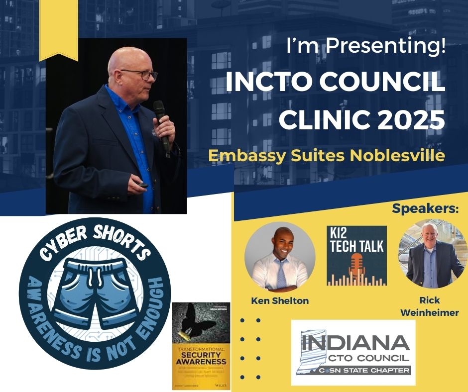 The <a href="/IndianaCTO/">Indiana CTO</a> Clinic is right around the corner, &amp; I am honored to speak again! Learn about storytelling, a critical tool in your cybersecurity awareness program! I'll be giving away several of <a href="/PerryCarpenter/">Perry Carpenter</a>'s books at the clinic. Get registered today! lnkd.in/g9HYCxQu
