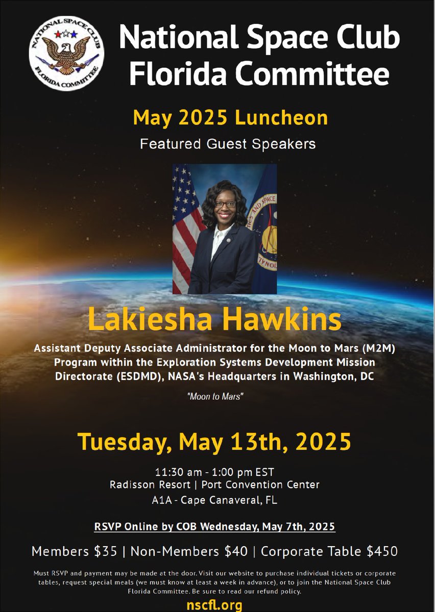 Our May 13 luncheon will feature NASA's Lakiesha Hawkins to talk about NASA's lunar and Mars exploration. Join us! nscfl.org/our-events/