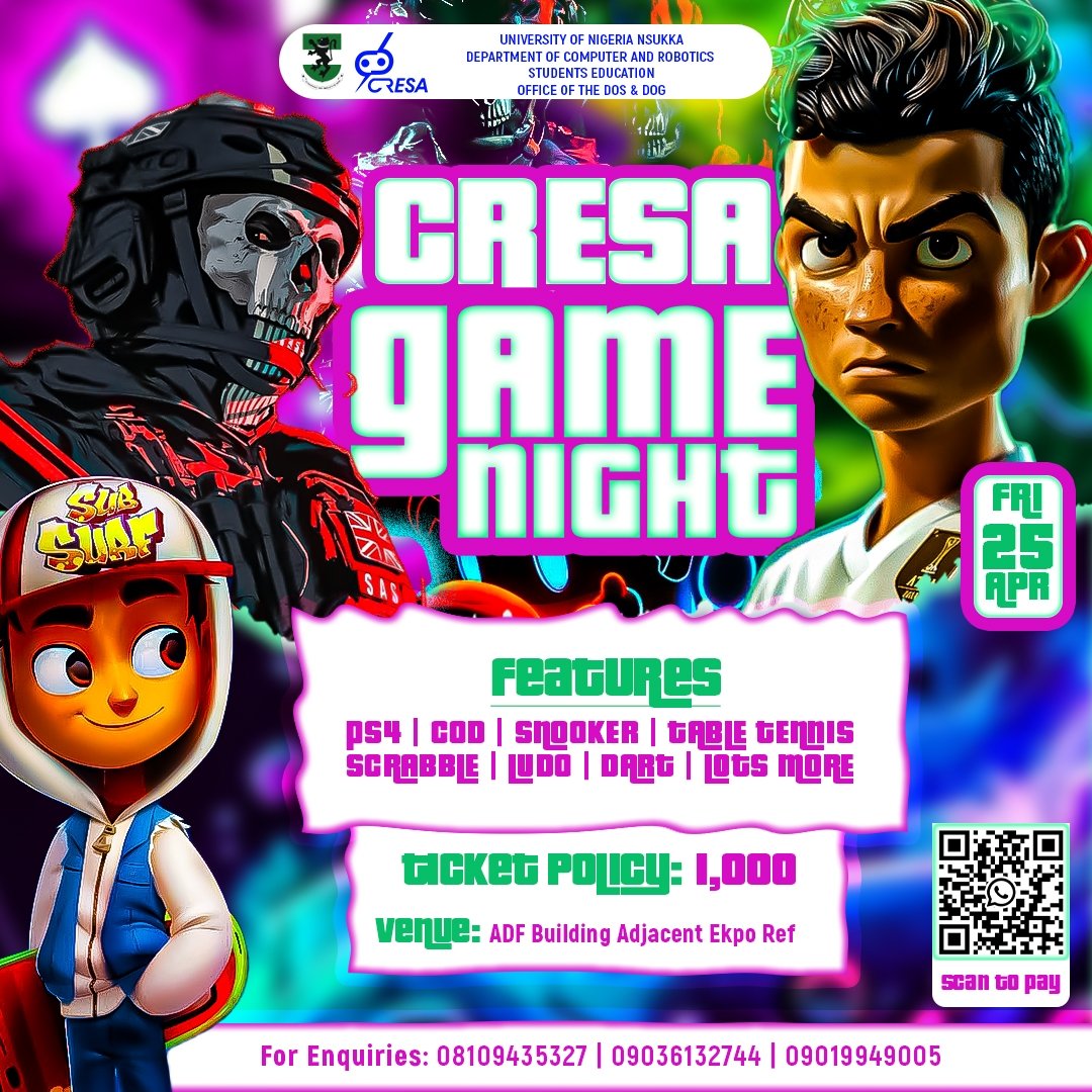 cresa_unn's tweet photo. CRESA UPCOMING EVENT!!

GAME NIGHT 🔥📌
Details in the below image 
For sponsorship contact DOS: +234 810 943 5327
#cresa #unn #education #social #events #live #vural #5ive https://t.co/itdzprzMuh
