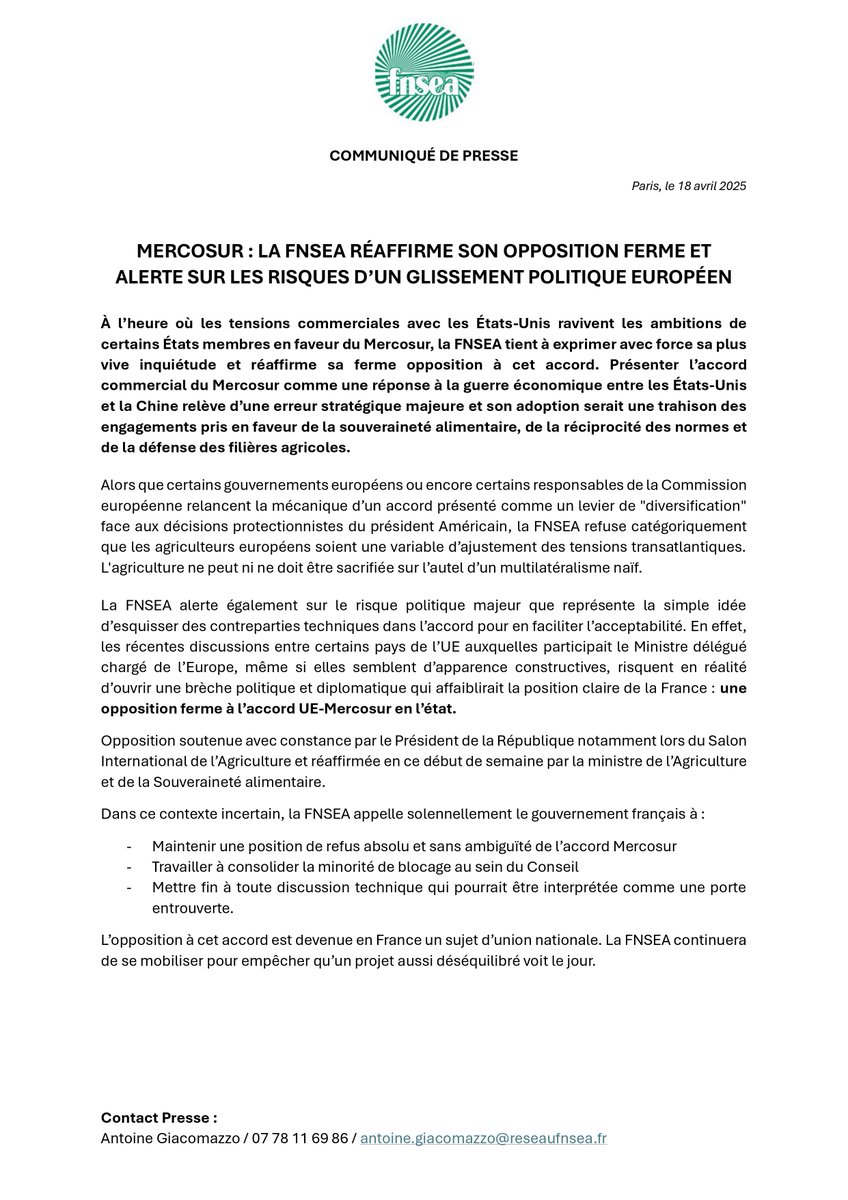 🗞️ Communiqué #FNSEA 🚜 | "#Mercosur : la FNSEA réaffirme son opposition ferme et alerte sur les risques d’un glissement politique européen" 🌎✊
🔗 Le CP : bit.ly/CPfnseaMercosu…
-
👉 À l’heure où les tensions commerciales avec les États-Unis ravivent les ambitions de certains