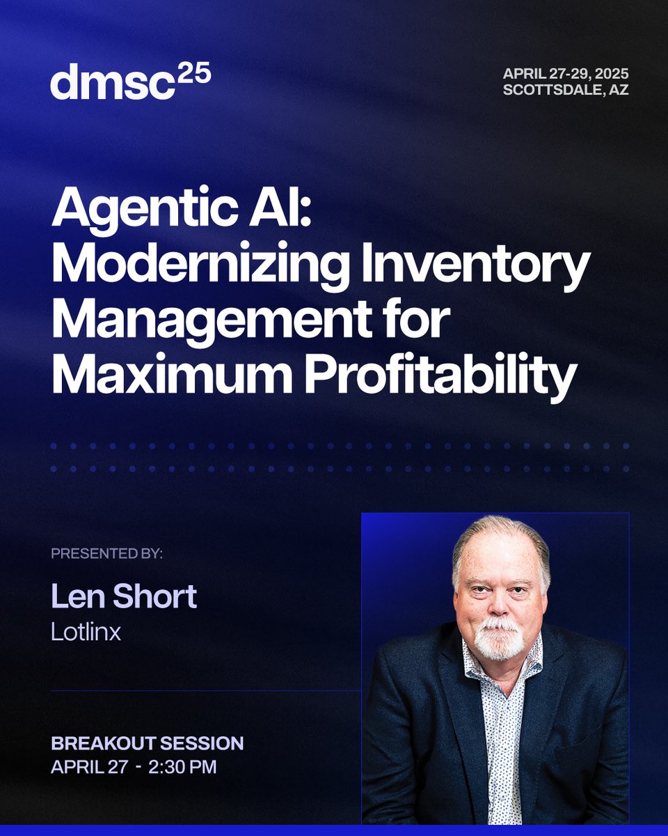 lotlinx's tweet photo. One week until we head to the desert for #DMSC25 🌵

Kick off three days of game-changing innovation with day one's breakout session on #AgenticAI and inventory management, hosted by Len Short.

See you in the sunshine, @automotiveseo 🌞 https://t.co/itC1AW0nsX