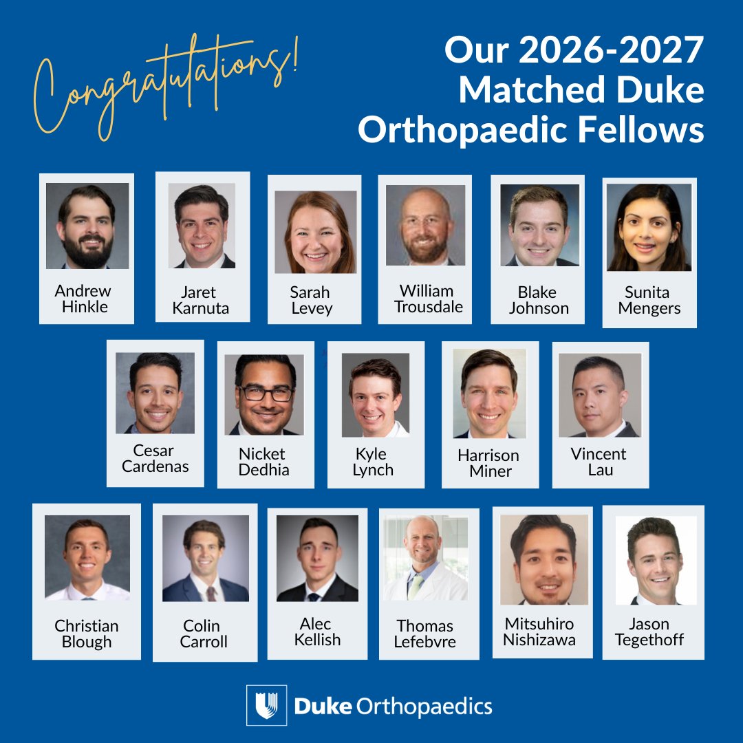 Duke Orthopaedics (@dukeortho) on Twitter photo 🌟 Thrilled to welcome our 2026-2027 <a href="/DukeOrtho/">Duke Orthopaedics</a> Fellows! These exceptional leaders in orthopaedics are set to continue Duke's legacy of excellence. See you in August 2026! duke.is/g/a8ss 🌟 Thrilled to welcome our 2026-2027 <a href="/DukeOrtho/">Duke Orthopaedics</a> Fellows! These exceptional leaders in orthopaedics are set to continue Duke's legacy of excellence. See you in August 2026! duke.is/g/a8ss