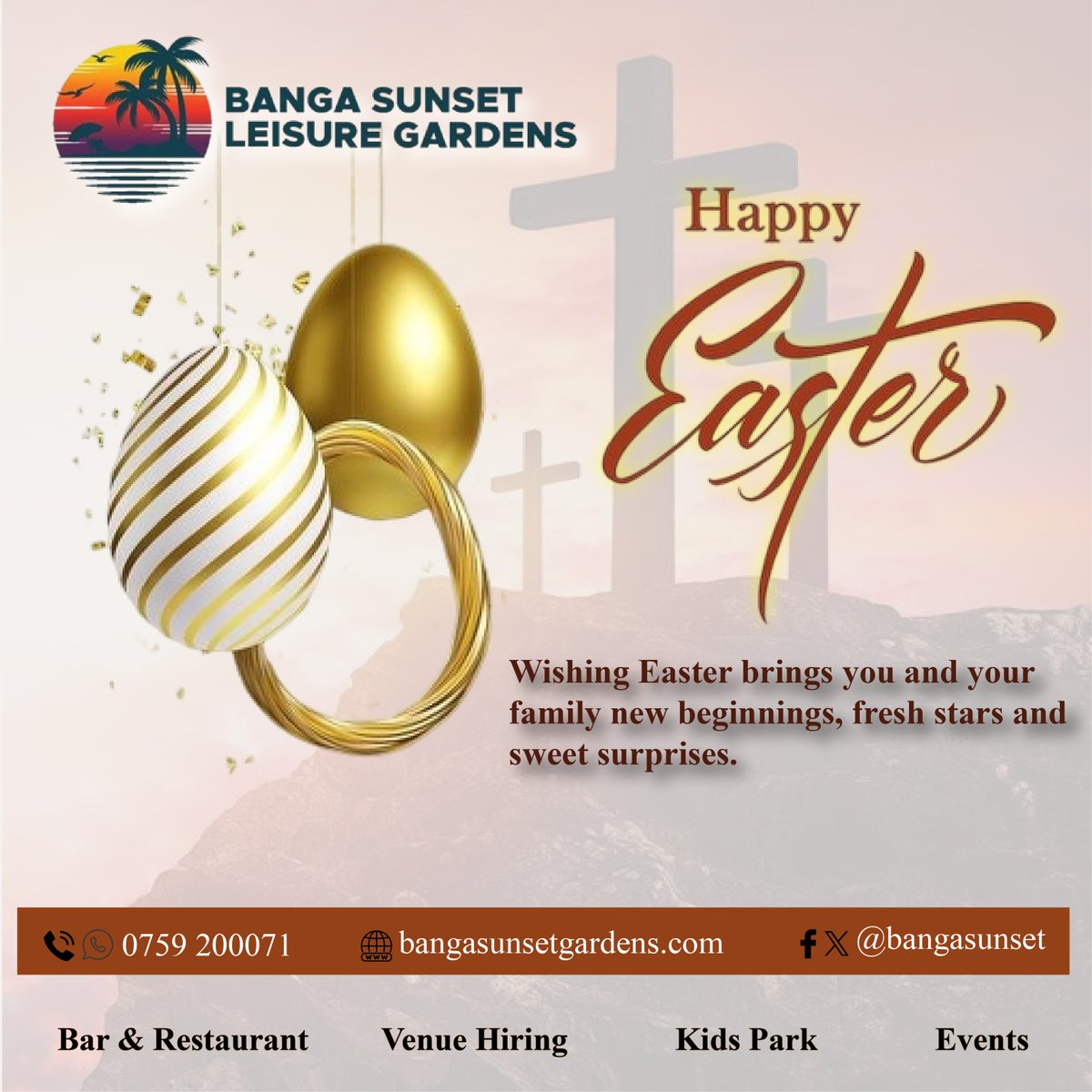 bangasunset's tweet photo. He is risen! 🌿 Celebrate Easter Sunday &amp; Monday at Banga Sunset Leisure Gardens with festive meals, fun activities, &amp; stunning views! 🐣 
Book now: 0759-200071. 
#HappyEasterUG #EasterAtBanga #HeIsRisen #UgandaEaster #FamilyCelebration #BangaEvents https://t.co/DCgDHTxVNG