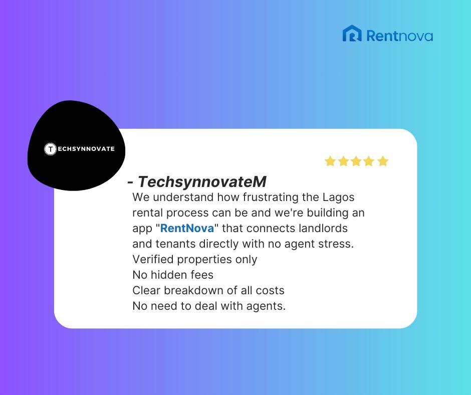 TechsynnovateM's tweet photo. Which of these fellow Nigerians rental dilemma can you relate to the most?

That's why we are building RENTNOVA, an app that takes out the stress, drama, and mystery of house-hunting.

RentNova - Na rent, no stress.

#TechInnovation #FutureOfNigeria
#TechInnovation #RentNova https://t.co/8rOglxv7Aw