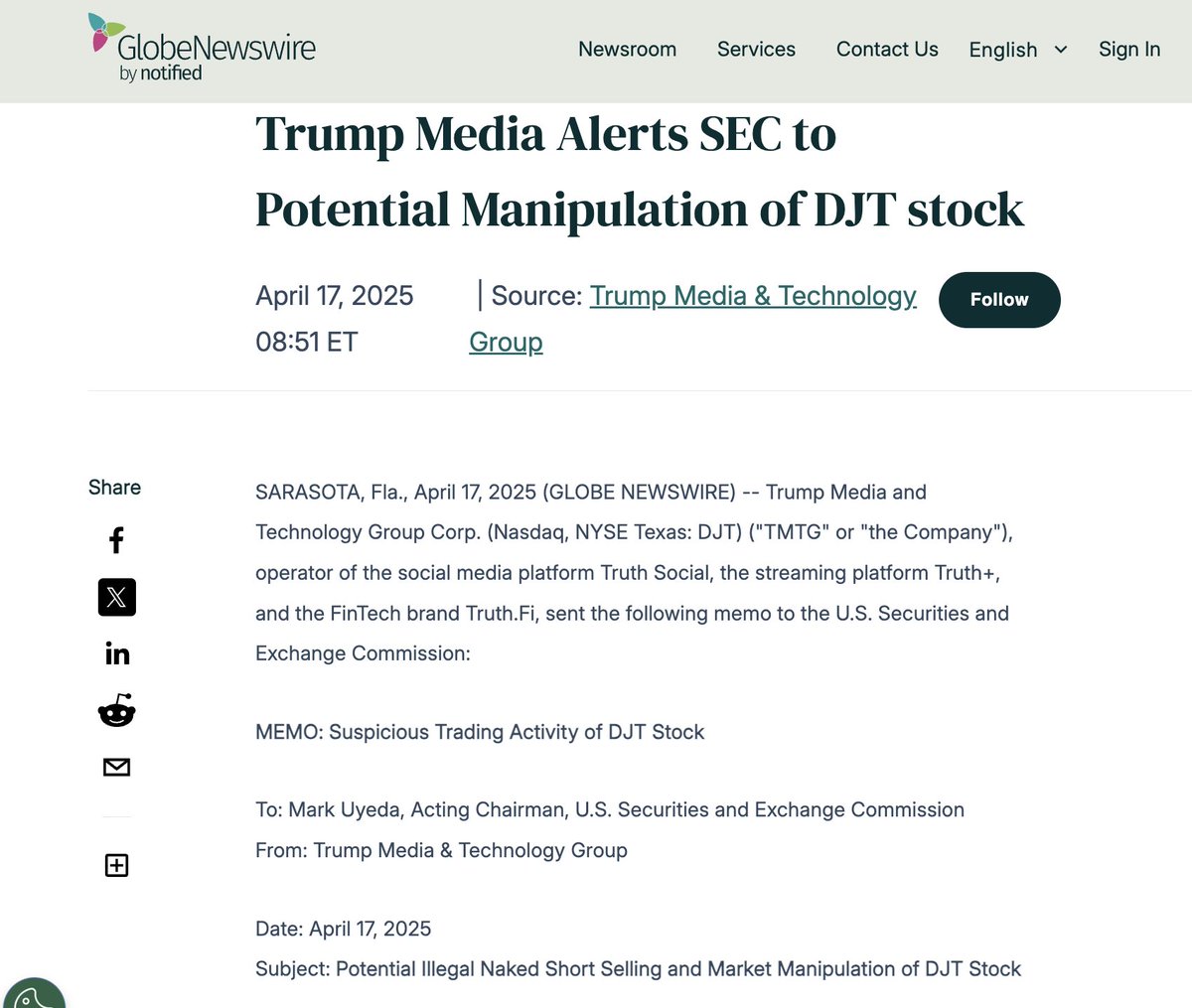 $DJT asked <a href="/SECGov/">U.S. Securities and Exchange Commission</a> to take a look at stock manipulation from short sellers

Another blatantly obvious case of stock manipulation can be observed with $MARA where fails to deliver, naked shorting and dark pool volume are massive and price hits Options Max Pain nearly every week