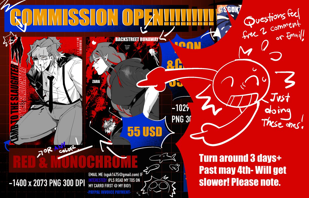 sguk711's tweet image. Theyre open‼️ No slots and Waitlist are available.
Im open to do the Limbus inspired styles still as well, please look below for more information!
Rts are appreciated as always