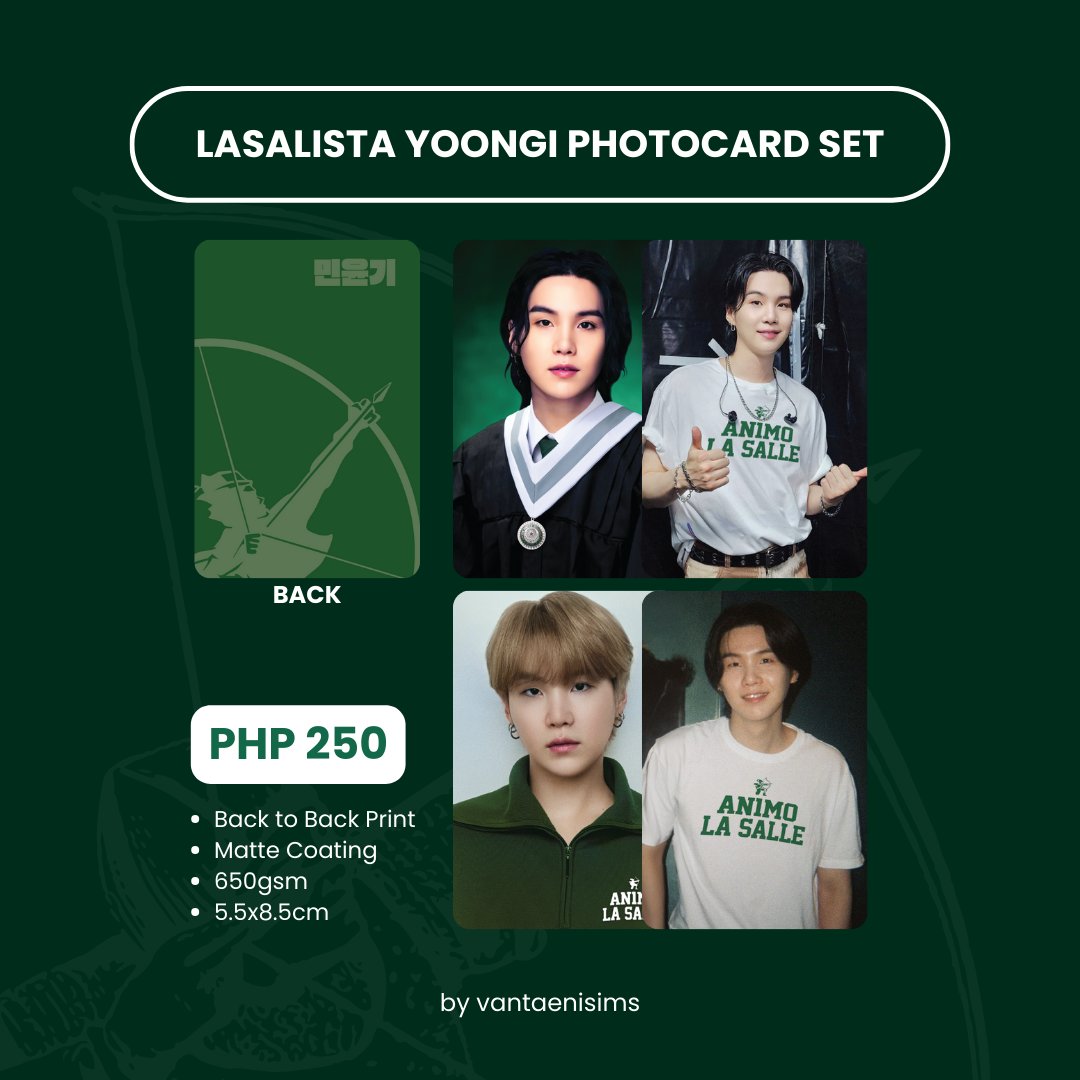 WTS LFB PH GO🇵🇭| Interest check | IC  help rt / BTS ph  

[PRE-ORDER] BATCH 2 LASALISTA YOONGI PC SET

Price: PHP 250 + pf+lsf 
Slot taking: April 18-25, 2025 
DOP: Pay as you order basis
ETA: 10-12 days after Cut off /Earlier

Opening 10 slots to push!  

Comment mine set + qty