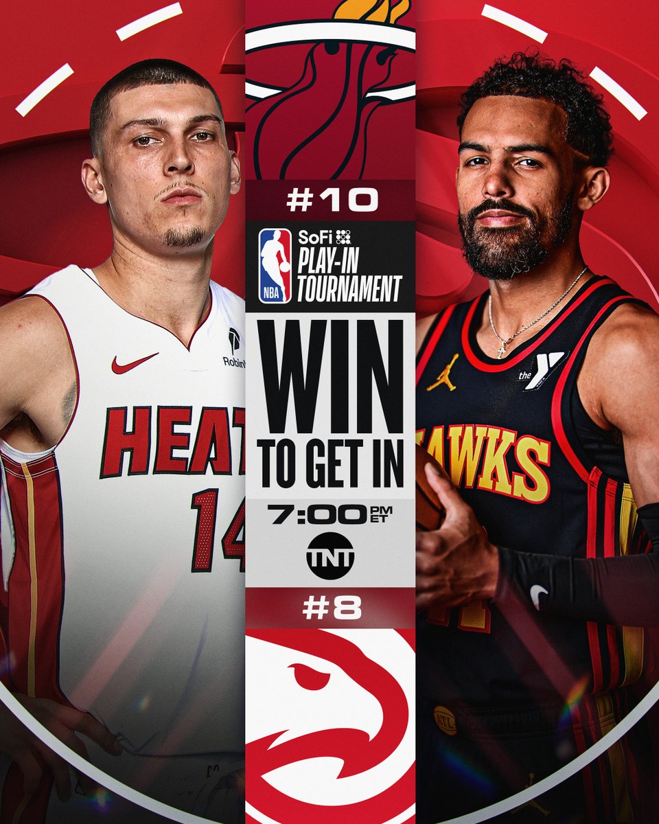 NBA's tweet photo. WIN TO GET IN.

Heat vs. Hawks with a trip to the #NBAPlayoffs presented by Google and a matchup with the East's top-seeded Cavs on the line!

#SoFiPlayIn tips off tonight at 7:00pm/et on TNT! https://t.co/2DPfRETJ82