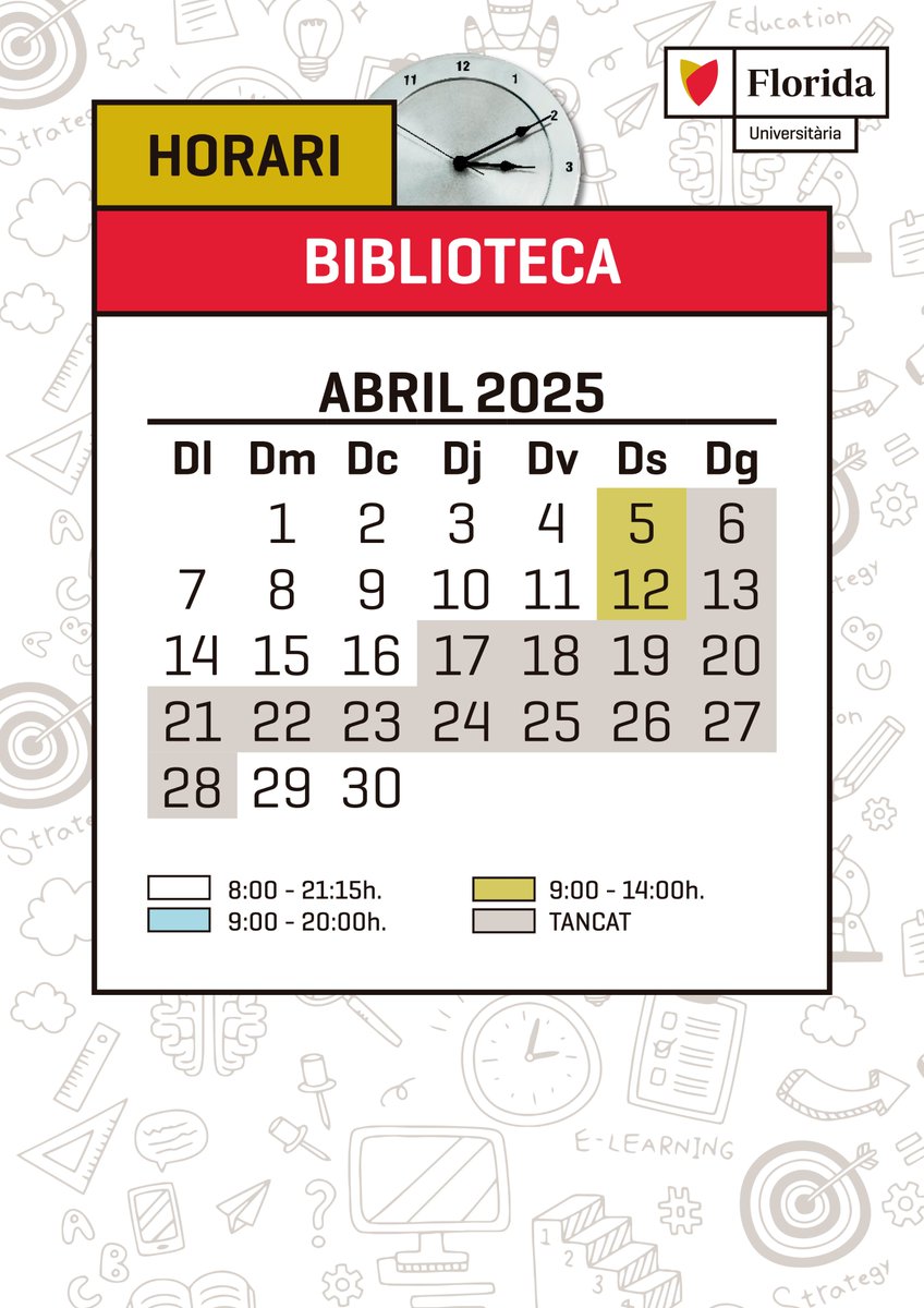 ¡Toma nota! 🗓️ La #biblioteca #CRAI de Florida Universitària permanecerá cerrada durante los días de Pascua 🐣, pero queremos que sigas disfrutando de la lectura.

📖 Por eso, activamos un préstamo especial: todos los libros se podrán devolver hasta el 6 de mayo.