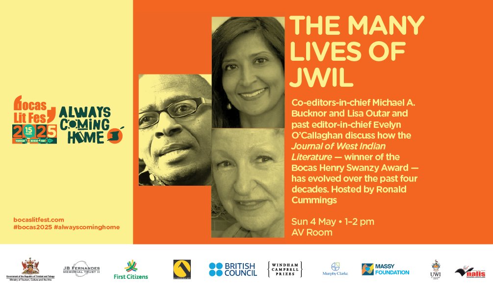 Bocas Lit Fest (@bocaslitfest) on Twitter photo Co-editors-in-chief Michael A. Bucknor and <a href="/LisaOutar/">Dr. Lisa Outar</a> and past editor-in-chief Evelyn OāCallaghan explore the ways <a href="/jwilonline/">Journal of West Indian Literature</a> (winner of the 2025 Bocas Henry Swanzy Award) has evolved and discuss what its future intellectual role is.
#bocas2025 #alwayscominghome Co-editors-in-chief Michael A. Bucknor and <a href="/LisaOutar/">Dr. Lisa Outar</a> and past editor-in-chief Evelyn OāCallaghan explore the ways <a href="/jwilonline/">Journal of West Indian Literature</a> (winner of the 2025 Bocas Henry Swanzy Award) has evolved and discuss what its future intellectual role is.
#bocas2025 #alwayscominghome