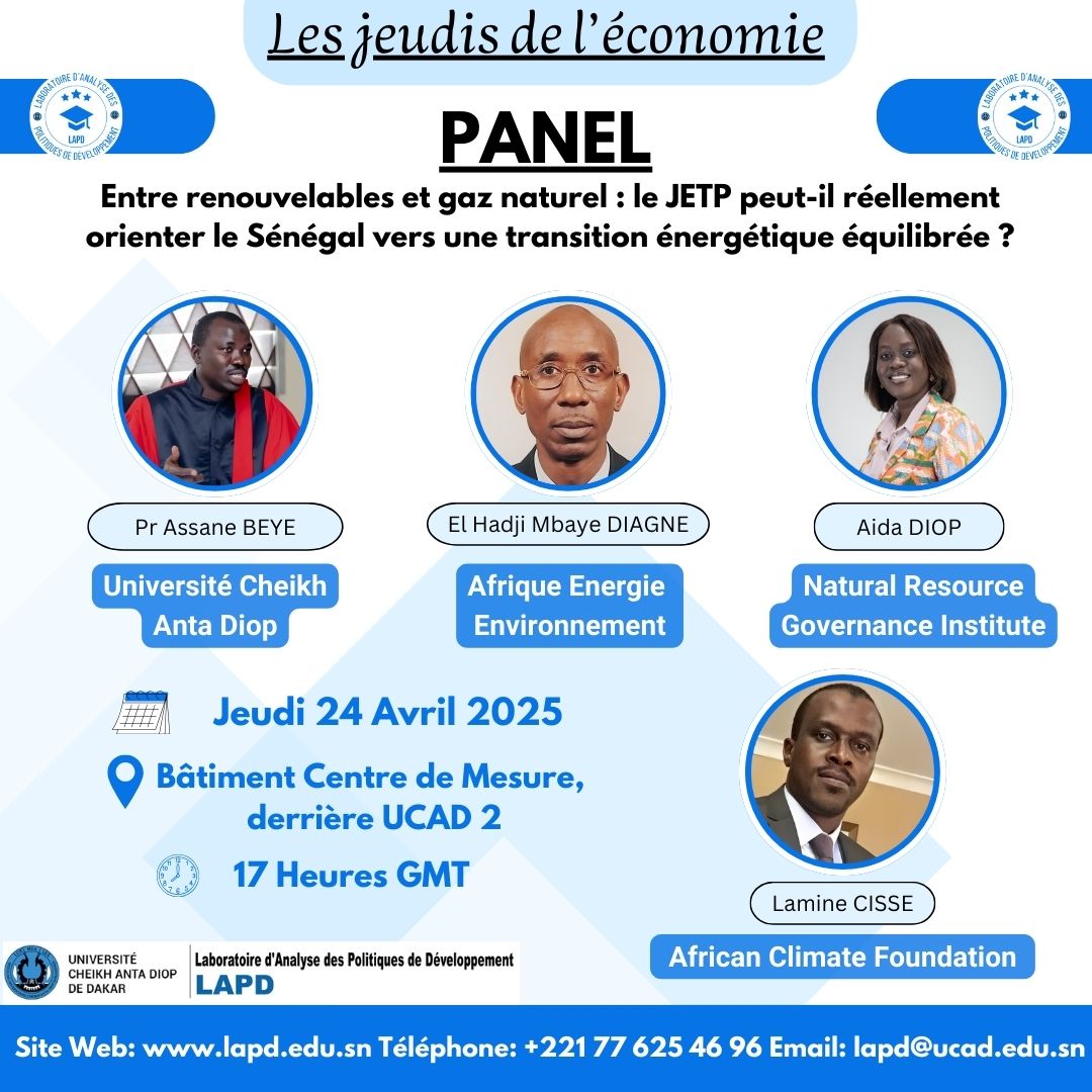 #𝗖𝗢𝗡𝗙𝗘𝗥𝗘𝗡𝗖𝗘
Thème : "Entre renouvelables et gaz naturel : le JETP peut-il réellement orienter le Sénégal vers une transition énergétique équilibrée ?" 

Le #LAPD de l' <a href="/UCAD_Senegal/">Université Cheikh Anta Diop de Dakar</a>  vous invite à sa troisième conférence.

 📅Jeudi 24 Avril 2025
🕑 17h GMT
📌WASCAL UCAD