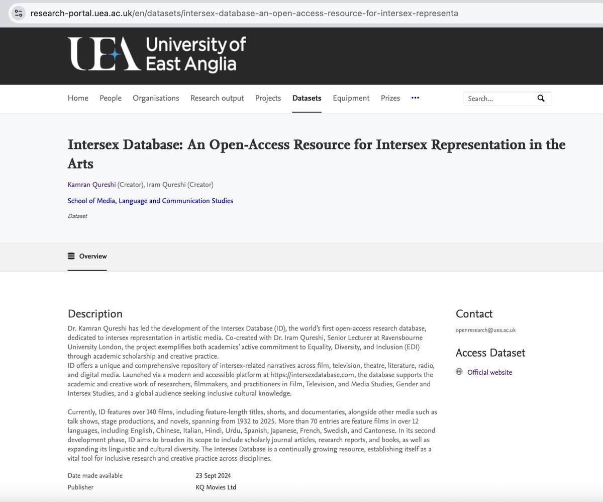 Dr Iram Qureshi (@driramkqureshi) on Twitter photo It's been a while since @drqureshikamran and I have been working on developing the world's first comprehensive open-access repository, Intersex Database, dedicated to intersex representation in the arts. 🎭📚
research-portal.uea.ac.uk/en/datasets/in…
<a href="/KQmoviesLtd/">KQ Movies London</a> <a href="/uniofeastanglia/">UEA</a> <a href="/RavensbourneUK/">Ravensbourne University London</a> It's been a while since @drqureshikamran and I have been working on developing the world's first comprehensive open-access repository, Intersex Database, dedicated to intersex representation in the arts. 🎭📚
research-portal.uea.ac.uk/en/datasets/in…
<a href="/KQmoviesLtd/">KQ Movies London</a> <a href="/uniofeastanglia/">UEA</a> <a href="/RavensbourneUK/">Ravensbourne University London</a>