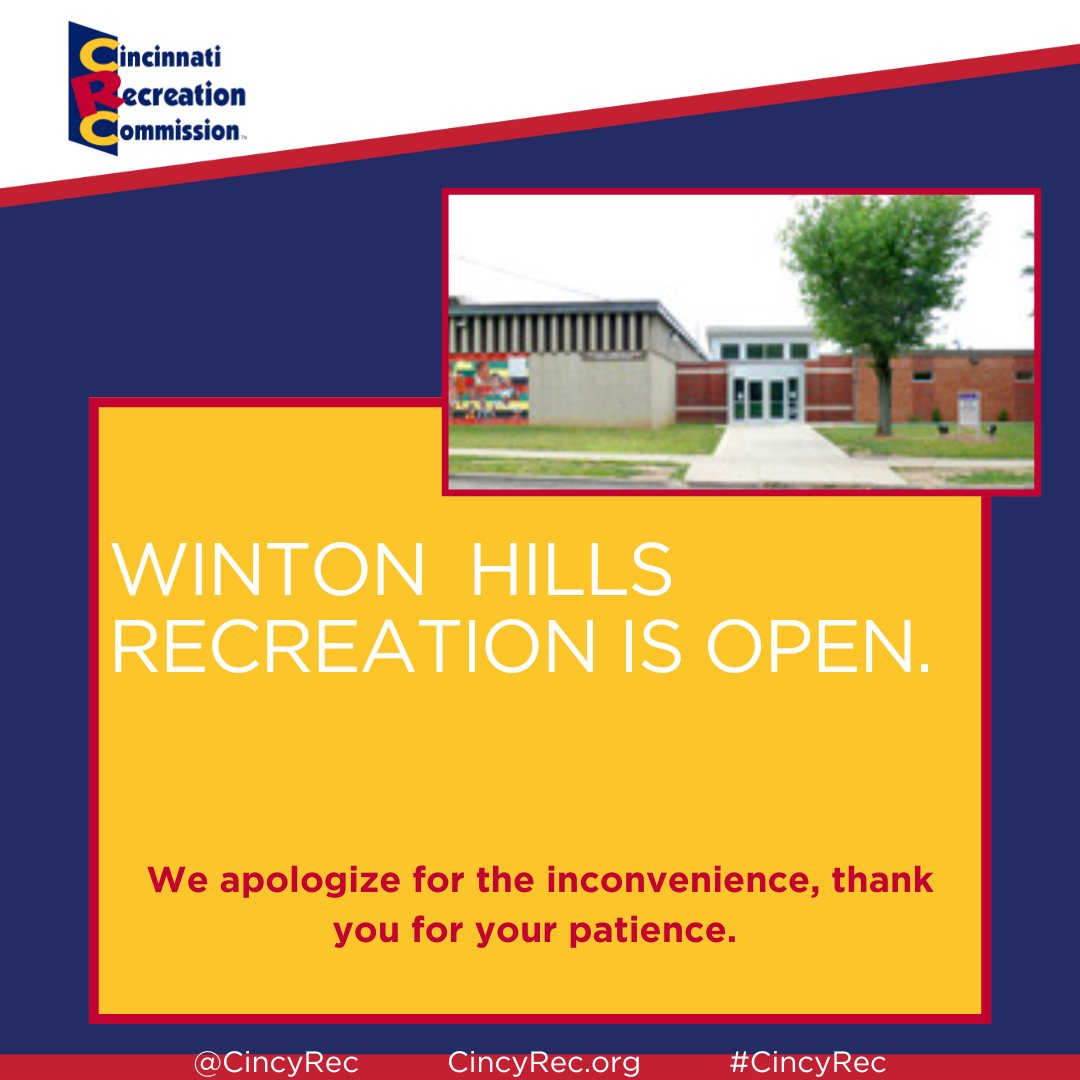 UPDATE: Winton Hills Recreation Center is OPEN! 
Repairs have been completed, and the center is back to normal operating hours. Thank you for your patience.