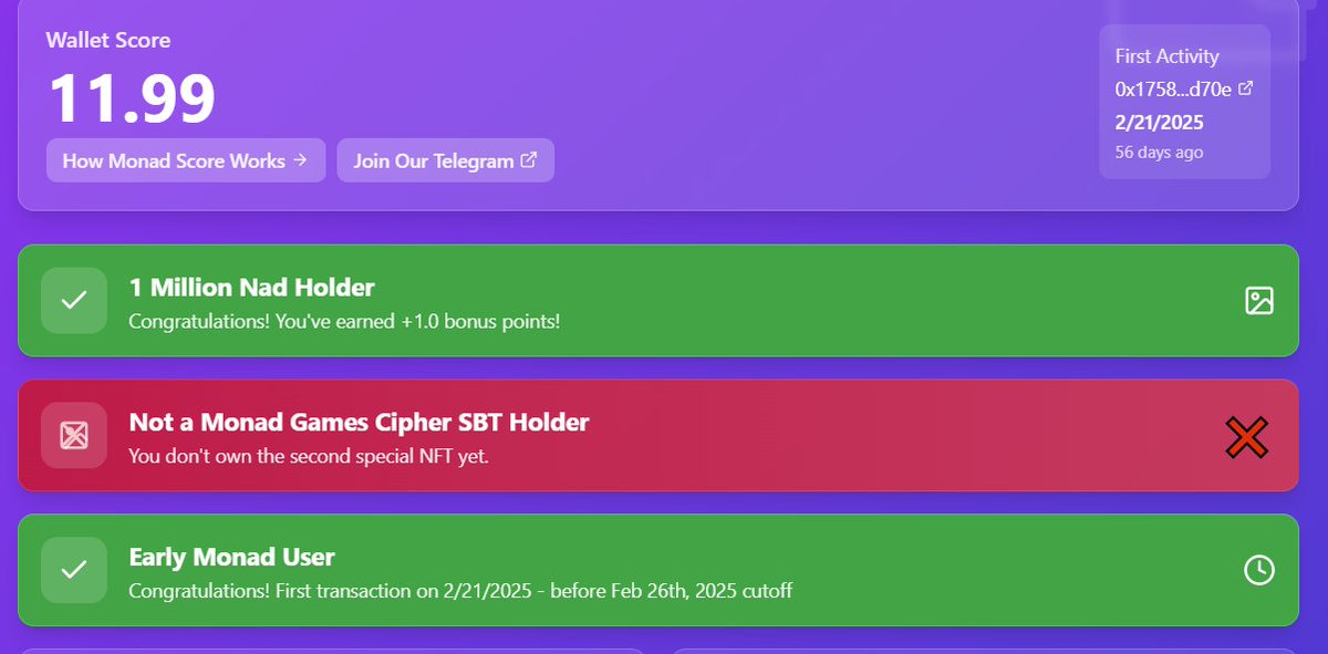 Hello #monad community, below I will give you a link and check the following special things:

- cryptowalletsx.com/monad-testnet

1. Total rating score, the higher the better.

2. Do you own these NFT values? For example: 1M Nad NFT, Sipher Game NFT, ...
3. Total trading volume and more