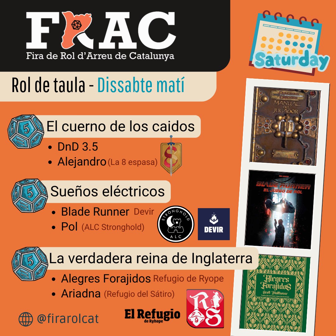 Aquestes són les partides que podreu jugar si veniu dissabte al matí a la #firarolcat25! 

Gran varietat, perquè en troveu alguna pel vostre gust 🎲🥰
📝 forms.gle/8F8Bo4rneWBXKp…

#firarolcat #frac #frac25 #rol #jocsderol #jornadesrol #jornadesderol #rolbarcelona #rolcatalunya