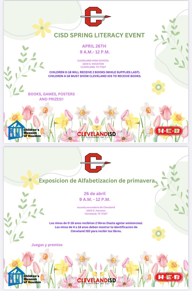 We are 8 days away from CISD's Literacy Festival.  The event is April 26th from 9 am o 12 pm at Cleveland High School.  There will be FREE books, prizes,  games and loads of fun! 

“Reading is a discount ticket to everywhere.”  – Mary Schmich
