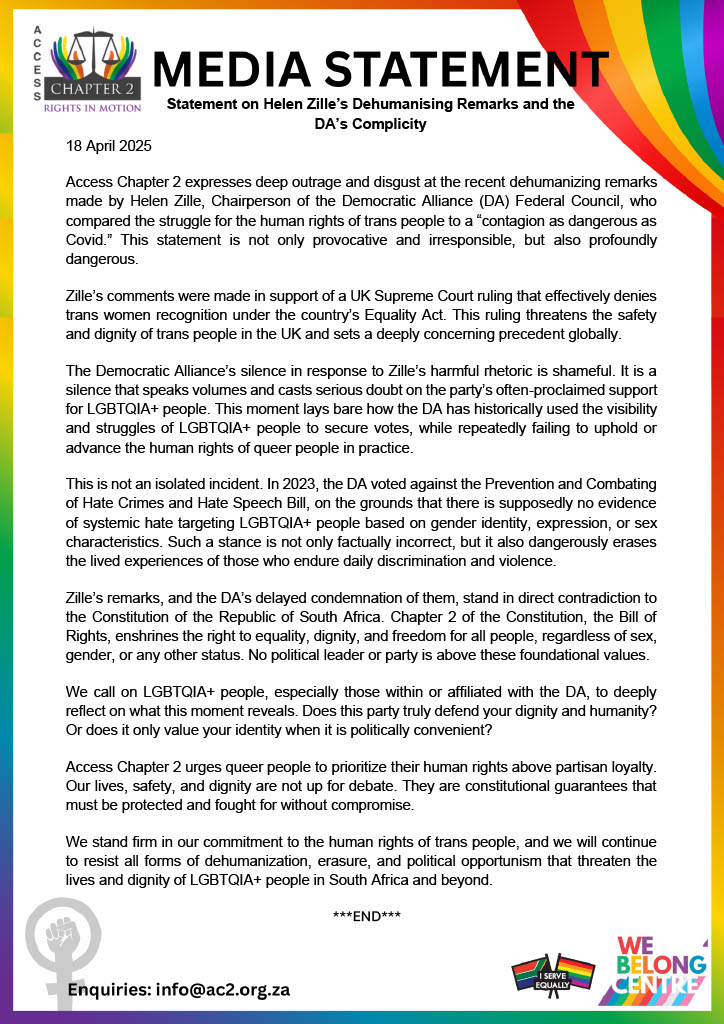 AccessChapter2's tweet photo. Access Chapter 2 condemns Helen Zilleβs dangerous remarks and the DAβs silence.
We urge LGBTQIA+ people to prioritise their human rights over party loyalty.
Statement attached.
#HumanRightsOfTransPeople #AccessChapter2 #TheDAIsTransphobic #NoToTransphobia https://t.co/REH0pfF7BW