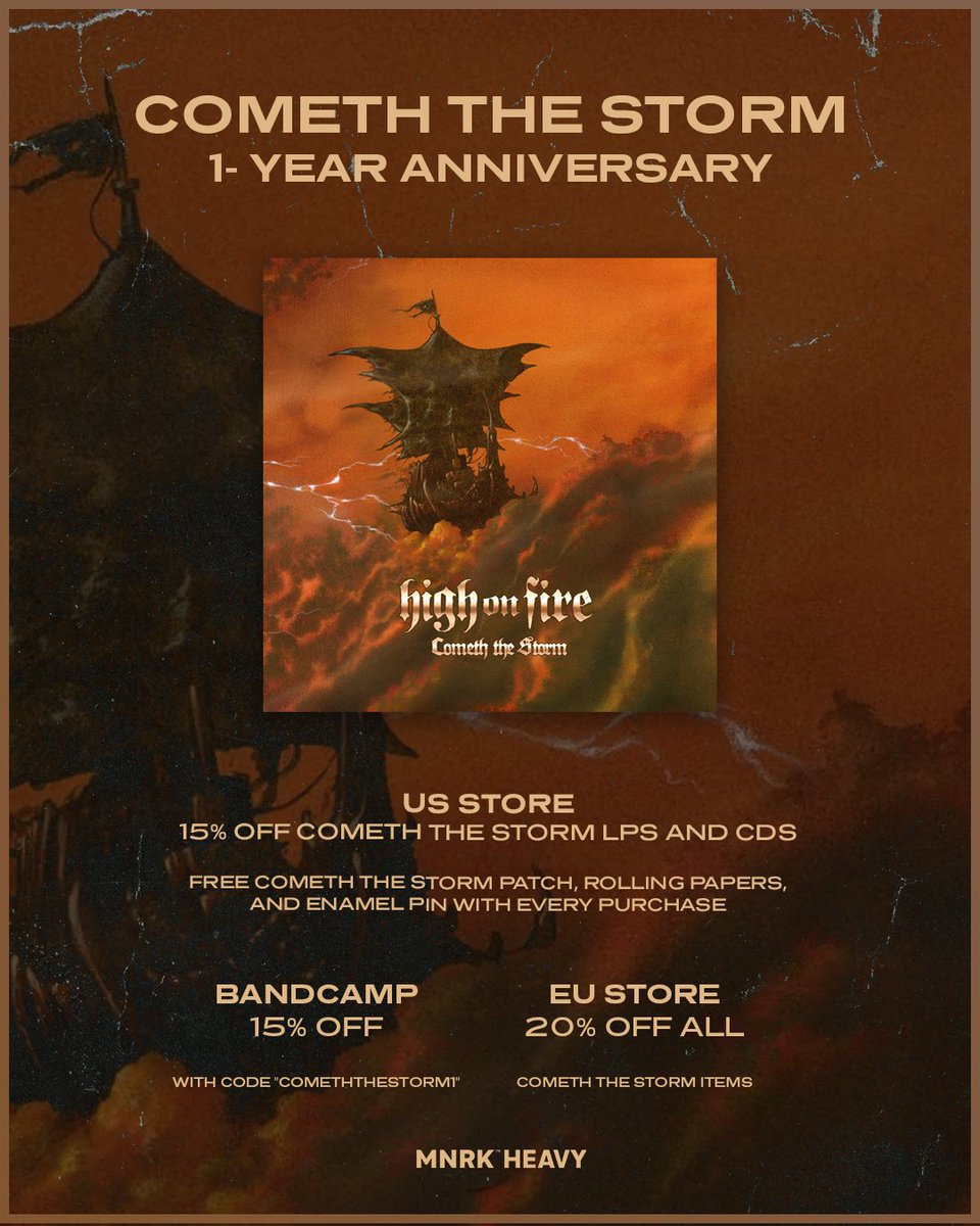 MNRKHeavy's tweet photo. ⛈️ No devil prepared my enemy for this kind of storm ⛈️ We're celebrating one year of @HighonFireBand 's "Cometh The Storm" 🔥 Get deals on Cometh The Storm today through 4/21 including 15% off on Bandcamp with code: comeththestorm1 https://t.co/8vkPZBZoq6 https://t.co/UQYWhl0HsU
