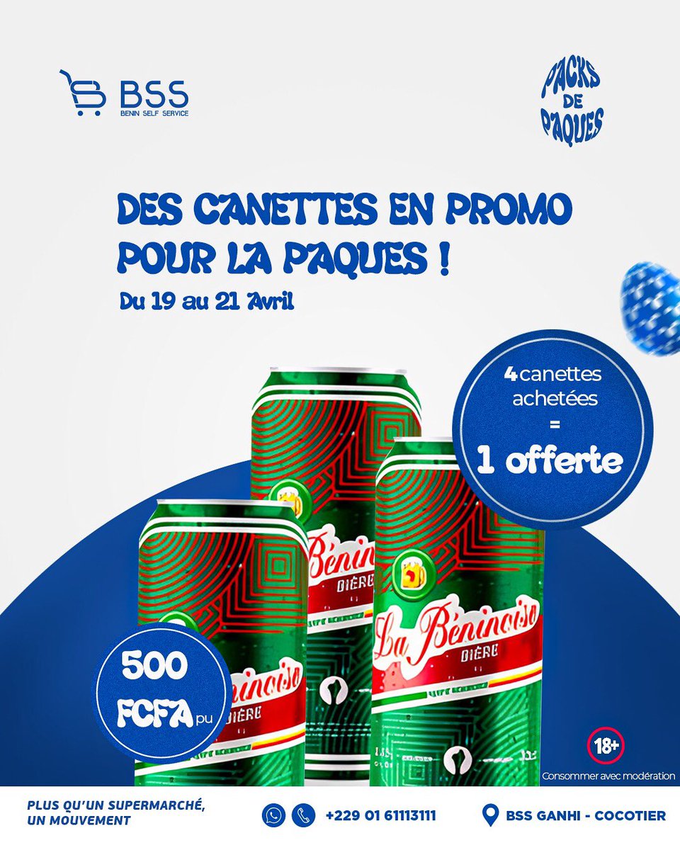 BSS_supermarche's tweet photo. Une Pâques qui mousse ? C’est chez BSS. 🤩
🍻 Du 19 au 21 avril, pour 4 canettes de @LaBeninoiseBJ achetées, 1 canette est offerte 🥳
🛒 Passe à BSS Ganhi – Cocotier pour profiter de cette aubaine. 🔥
#PackDePâques #PromoBeer #BSSVibes #Sobebra #PlusQuUnSupermarchéUnMouvement https://t.co/Kk2gIlDZ0D