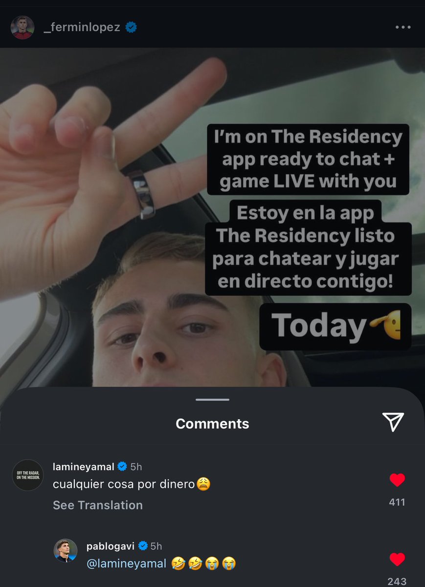 angrygavi's tweet image. Lamine’s comment on Fermín’s post announcing he has joined The Residency:
“Anything for money”
😂😂😂😂