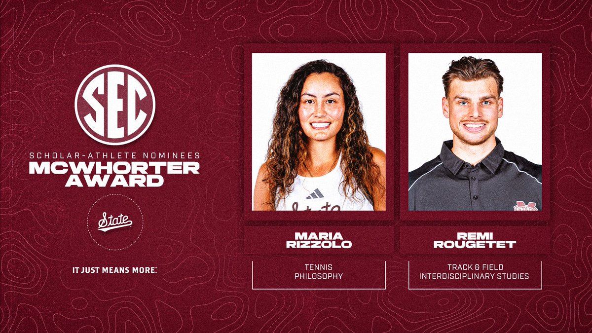 Southeastern Conference (@sec) on Twitter photo 🎓 Announcing <a href="/HailState/">Mississippi State Athletics</a>'s nominees for the 2025 H. Boyd McWhorter Scholar-Athlete Post-Graduate Scholarship award!
🎾 Maria Rizzolo, <a href="/HailStateWT/">Mississippi State Women's Tennis 🎾</a>
👟 Remi Rougetet, <a href="/HailStateTF/">Mississippi State T&F</a>
🔗 secsports.social/hbm-mstate25 🎓 Announcing <a href="/HailState/">Mississippi State Athletics</a>'s nominees for the 2025 H. Boyd McWhorter Scholar-Athlete Post-Graduate Scholarship award!
🎾 Maria Rizzolo, <a href="/HailStateWT/">Mississippi State Women's Tennis 🎾</a>
👟 Remi Rougetet, <a href="/HailStateTF/">Mississippi State T&F</a>
🔗 secsports.social/hbm-mstate25