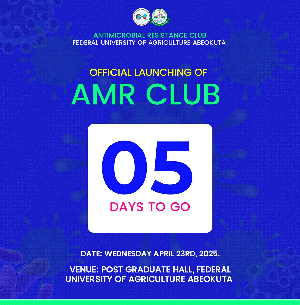 Amrclubfunaab's tweet photo. 🎉Only 5 Days Left! The AMR Club FUNAAB Launch is Almost Here – Let’s Tackle Resistance Together! 💪 #AMR #FUNAAB #AMRClubFUNAAB #CountdownHeatsUp
@akasom80 https://t.co/1cgilij6Ab