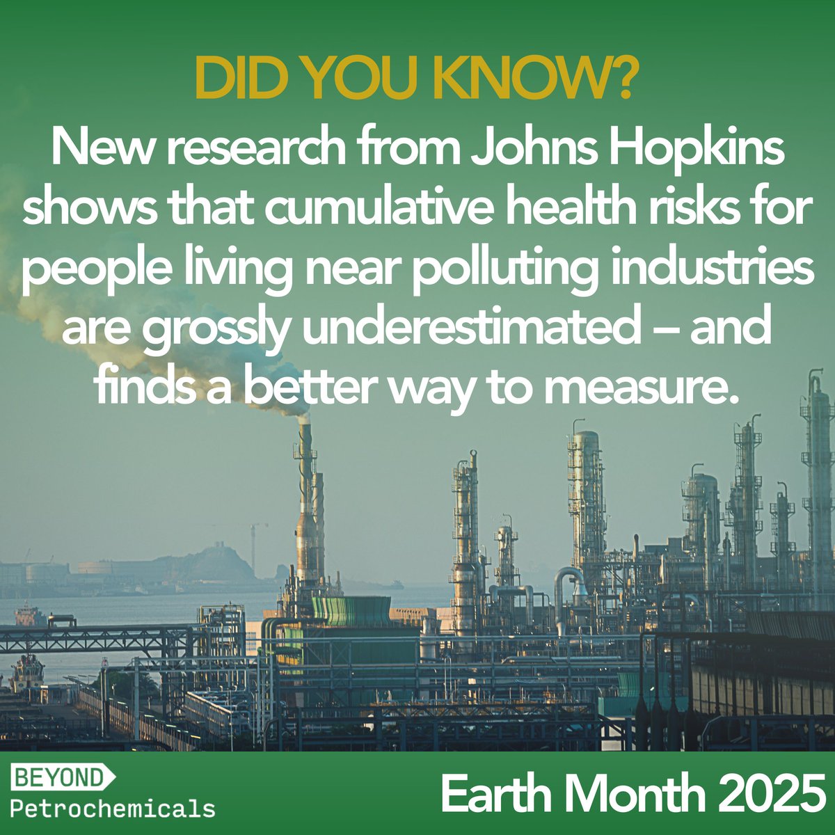 Beyond Petrochemicals (@beyondpetrochem) on Twitter photo Researchers at <a href="/JohnsHopkins/">Johns Hopkins University</a> have developed a better way to measure the cumulative health risks communities face from multiple toxic air pollutants.
Learn more: beyondpetrochemicals.org/news/groundbre…
#PeopleOverPollution #EarthMonth Researchers at <a href="/JohnsHopkins/">Johns Hopkins University</a> have developed a better way to measure the cumulative health risks communities face from multiple toxic air pollutants.
Learn more: beyondpetrochemicals.org/news/groundbre…
#PeopleOverPollution #EarthMonth