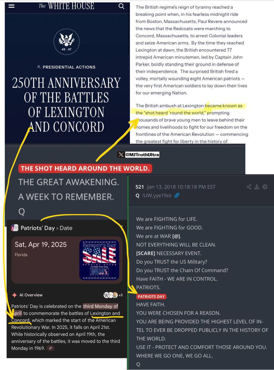 MJTruthUltra's tweet photo. President Trump just signed a declaration commemorating the 250th Anniversary of the Battle of Lexington and Concord. 

It highlights the surprise attack by American minutemen, where the British Ambush backs known as the “Shot Heard Around the World”, which kicked off the Revolutionary War 

Patriots’ Day is tomorrow and is commemorates the battle of Lexington and Concord. 

Next week might be very interesting. 

We are FIGHTING for LIFE.
We are FIGHTING for GOOD.
We are at WAR

https://t.co/PwnIBGGrtC