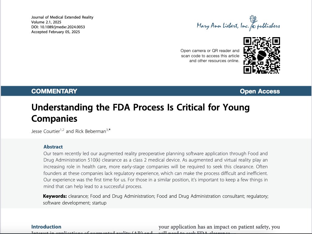 Jesse Courtier, MD (@jessecourtier) on Twitter photo Excited to share our experience in moving our #AugmentedReality software application through the #FDA510(k) clearance process! Check out our publication in <a href="/JMedXR/">Journal of Medical Extended Reality</a> liebertpub.com/doi/epdf/10.10… <a href="/RickBeberman/">Rick Beberman</a> Excited to share our experience in moving our #AugmentedReality software application through the #FDA510(k) clearance process! Check out our publication in <a href="/JMedXR/">Journal of Medical Extended Reality</a> liebertpub.com/doi/epdf/10.10… <a href="/RickBeberman/">Rick Beberman</a>